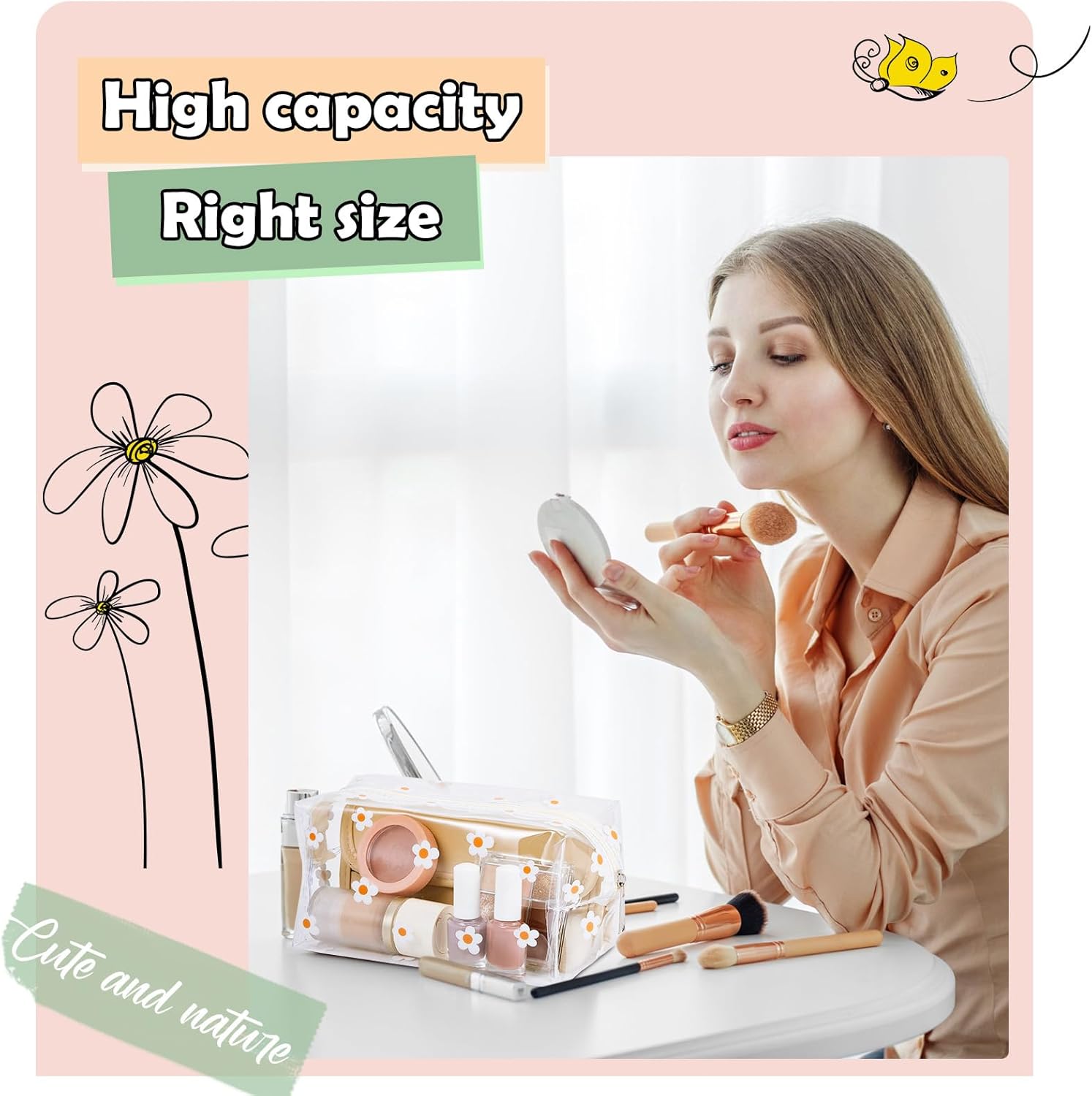 Amylove 2 Pack Cute Flower Makeup Bags Daisy Zipper Pouches Floral Pencil Pouch Portable Toiletry Pouches for Women Travel Vacation Bathroom School Organizing(Daisy) - Image 5