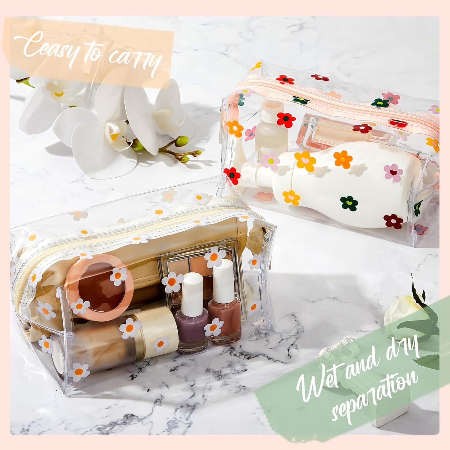 Amylove 2 Pack Cute Flower Makeup Bags Daisy Zipper Pouches Floral Pencil Pouch Portable Toiletry Pouches for Women Travel Vacation Bathroom School Organizing(Daisy) - Image 6