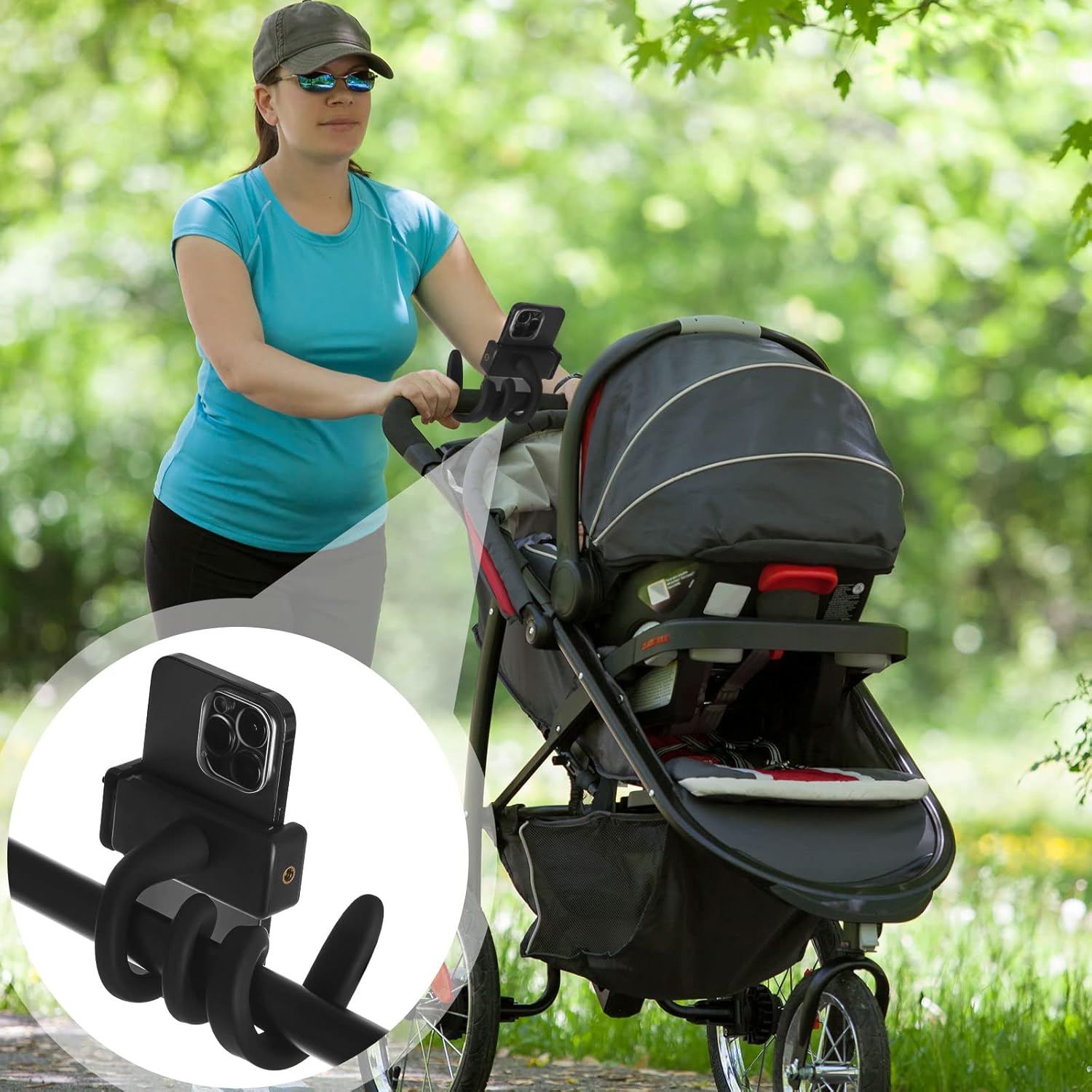 Amylove 2 Pcs Stroller Phone Holder Portable Cell Phone Holder Stand Universal Stroller Accessories for Parent Baby Toddler Cellphone Clamp with Non Slip Silicone Arm Grip(Black,Novel) - Image 3