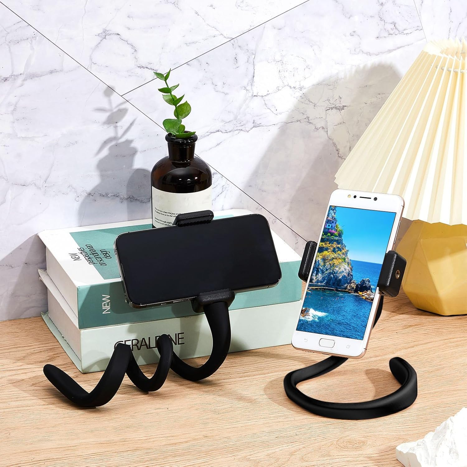 Amylove 2 Pcs Stroller Phone Holder Portable Cell Phone Holder Stand Universal Stroller Accessories for Parent Baby Toddler Cellphone Clamp with Non Slip Silicone Arm Grip(Black,Novel) - Image 6