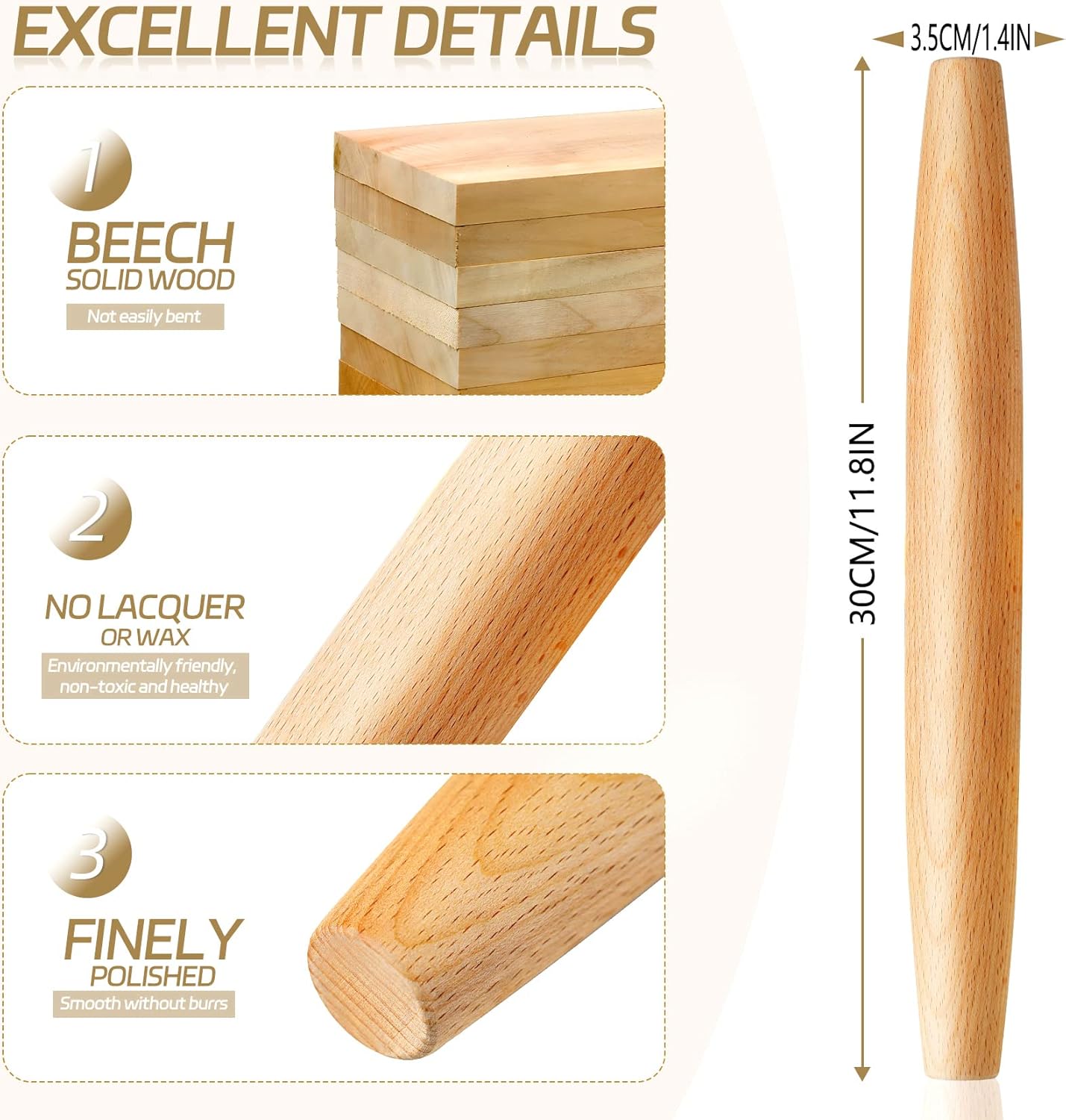 Classic French Rolling Pin for Baking - Beech Wood Tapered Rolling Pin Dough Roller for Pizza Dough, Pie Crust Cookie Fondant Dumpling 11.81-Inch - Image 2