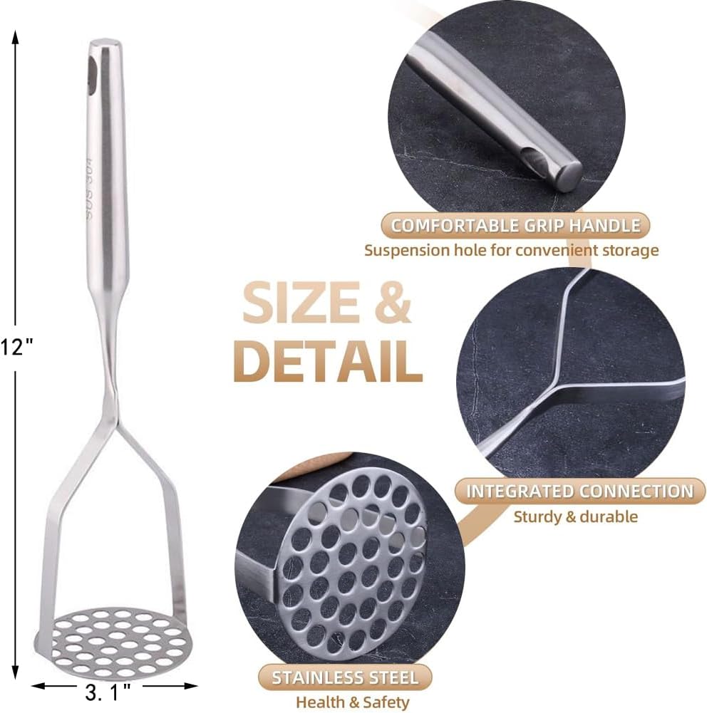 Potato Masher Stainless Steel,Mashed Potatoes Masher Kitchen Tool, Handle Potato Smasher for Potatoes,Avocado, Vegetables, Meat,12Inch Heavy Duty Metal Mashing Utensil, Dishwasher Safe - Image 2