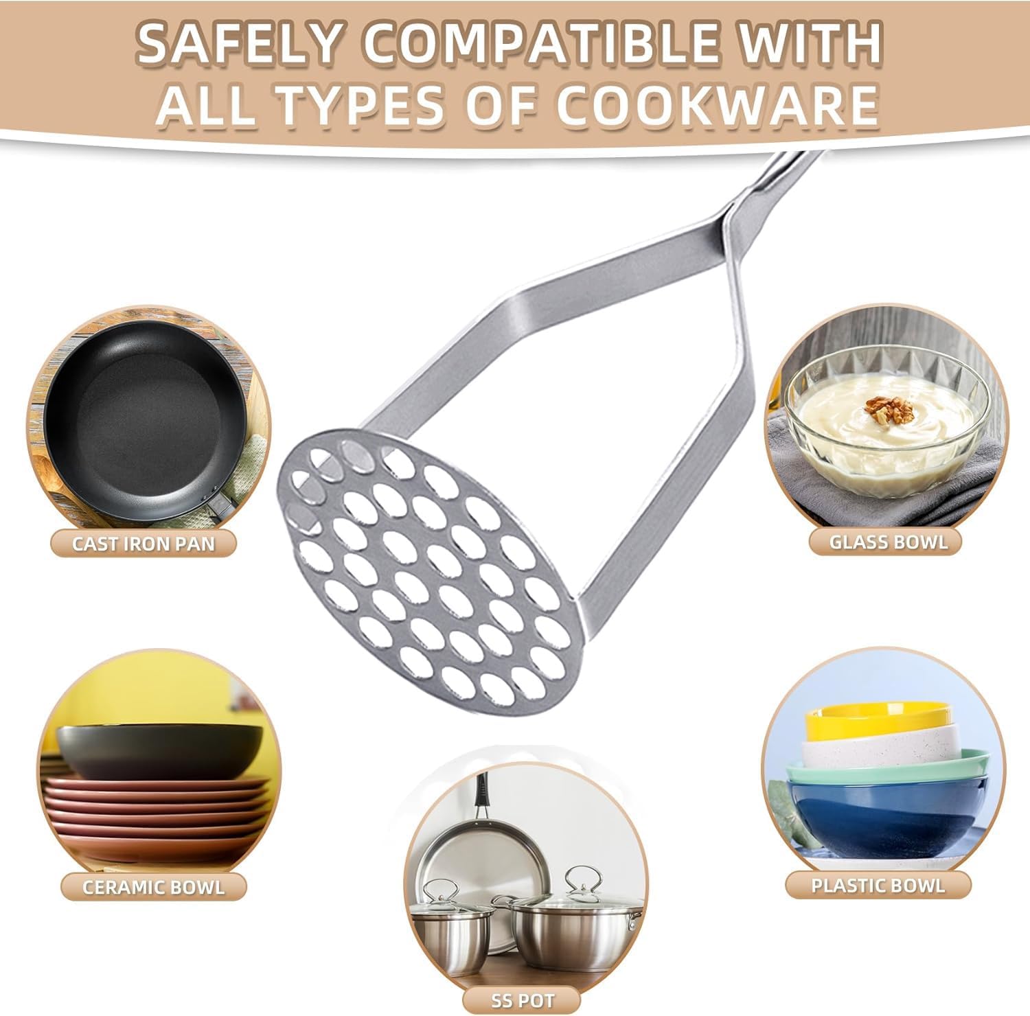 Potato Masher Stainless Steel,Mashed Potatoes Masher Kitchen Tool, Handle Potato Smasher for Potatoes,Avocado, Vegetables, Meat,12Inch Heavy Duty Metal Mashing Utensil, Dishwasher Safe - Image 7
