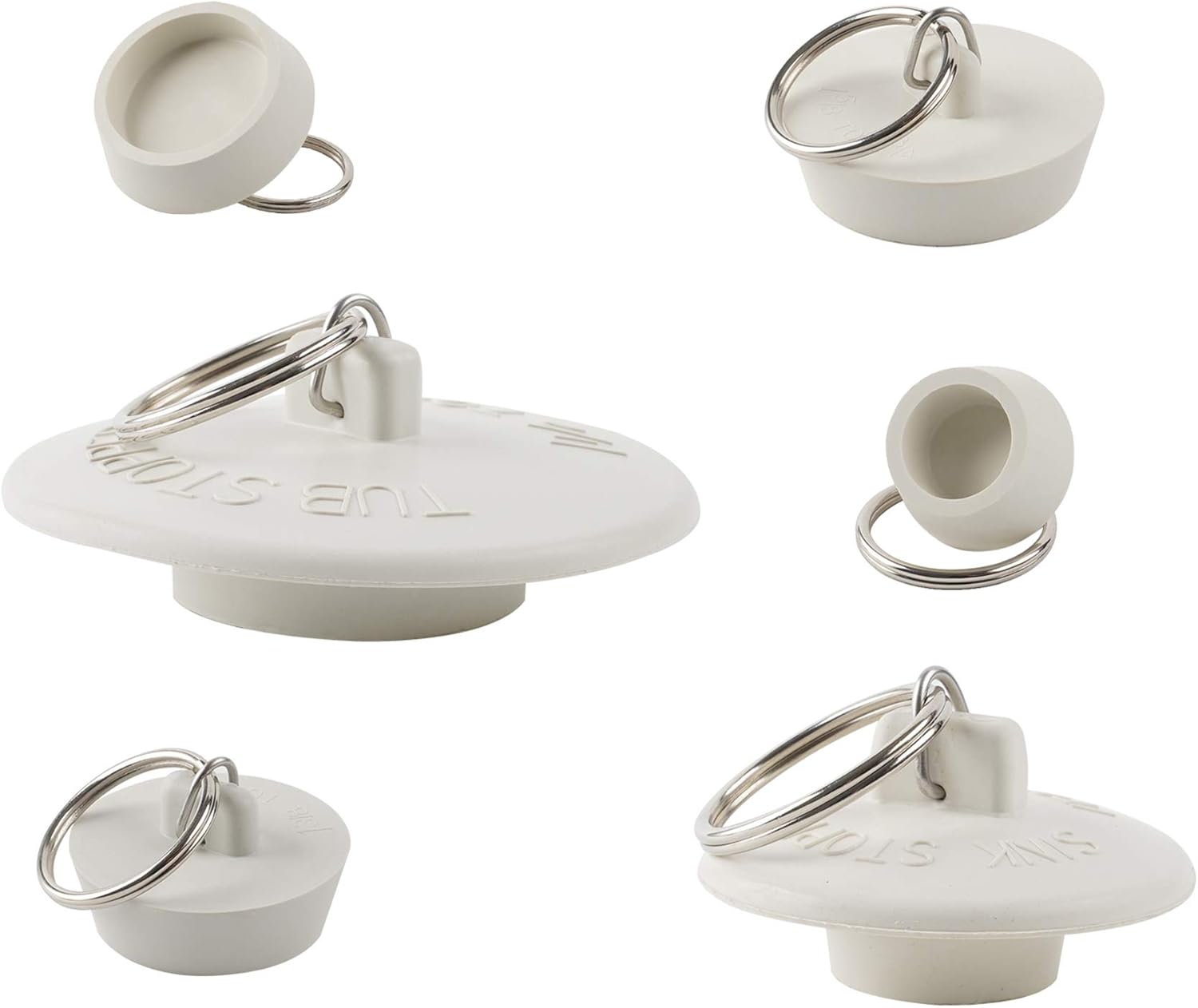 6 Pieces Drain Stopper, Rubber Kitchen Sink Drain, Sink Stopper Drain Plug with Pull Ring for Kitchen, Bathtub, Bathroom and Laundry Sink in 6 Different Sizes, White - Image 1