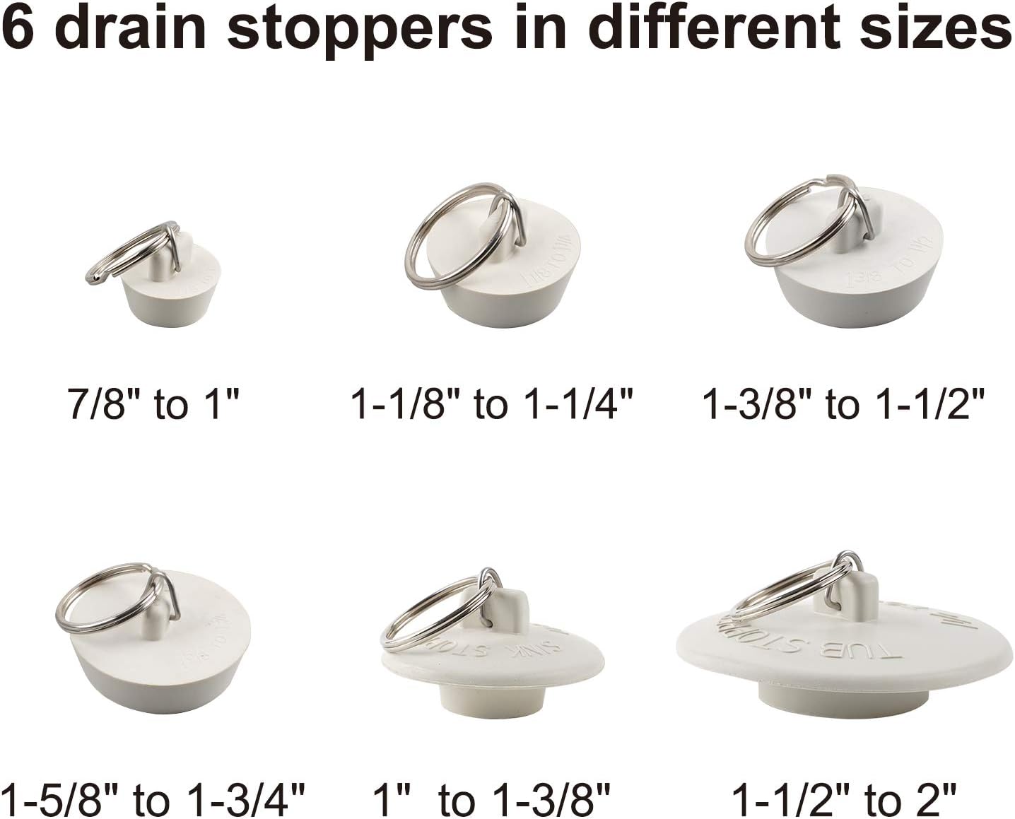 6 Pieces Drain Stopper, Rubber Kitchen Sink Drain, Sink Stopper Drain Plug with Pull Ring for Kitchen, Bathtub, Bathroom and Laundry Sink in 6 Different Sizes, White - Image 5