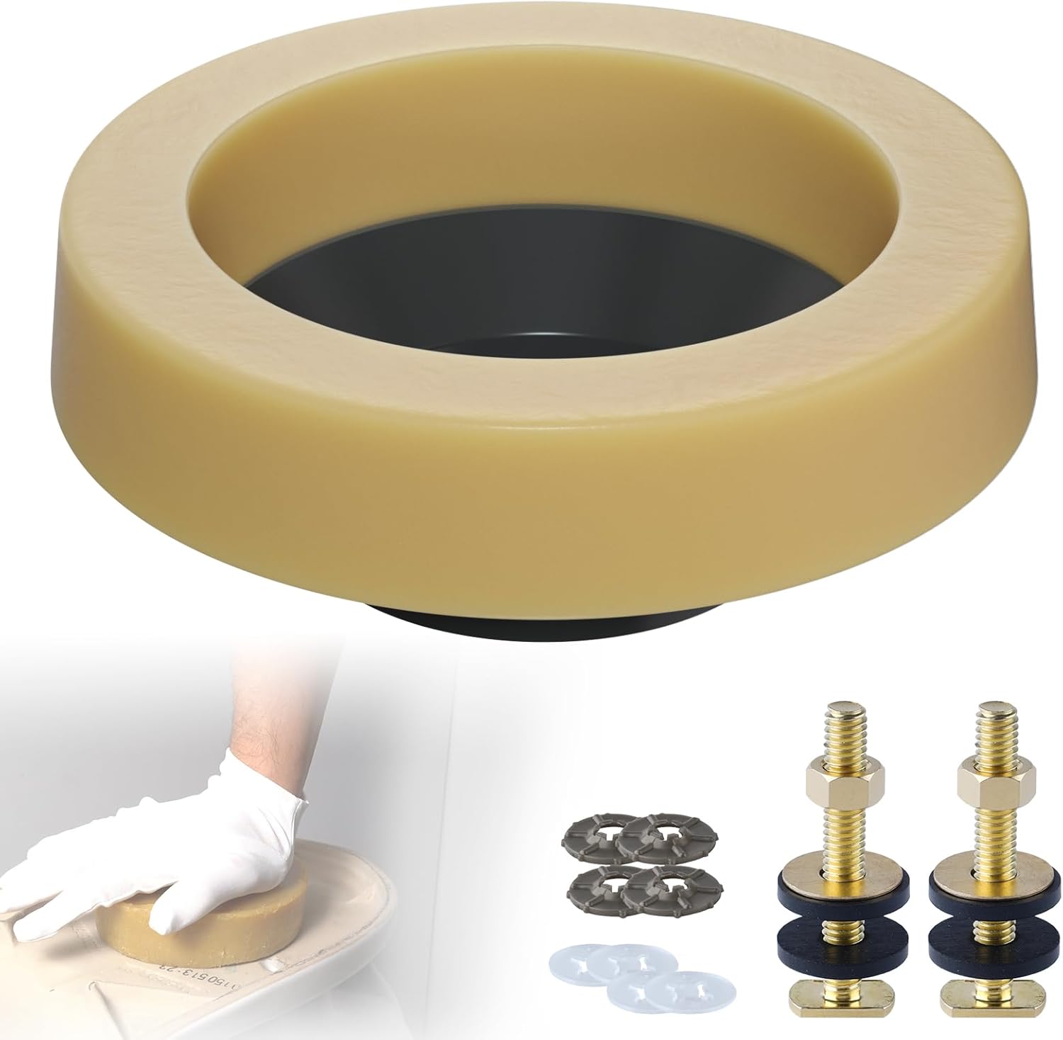 Extra Thick Toilet Wax Ring Replacement Kit, Universal Toilet Seal Ring with Brass Toilet Floor Bolts and Retainer Washers, PE Flange Fits 3 Inch and 4 Inch Drain Pipes - Image 1