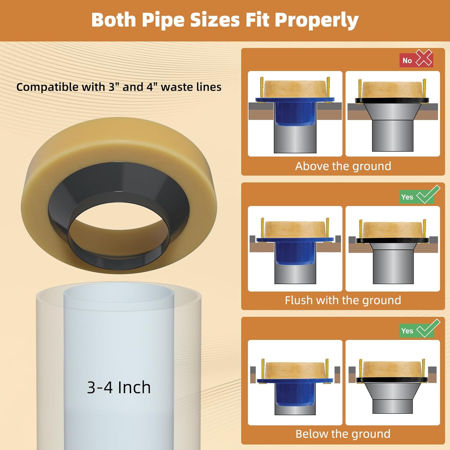 Extra Thick Toilet Wax Ring Replacement Kit, Universal Toilet Seal Ring with Brass Toilet Floor Bolts and Retainer Washers, PE Flange Fits 3 Inch and 4 Inch Drain Pipes - Image 7