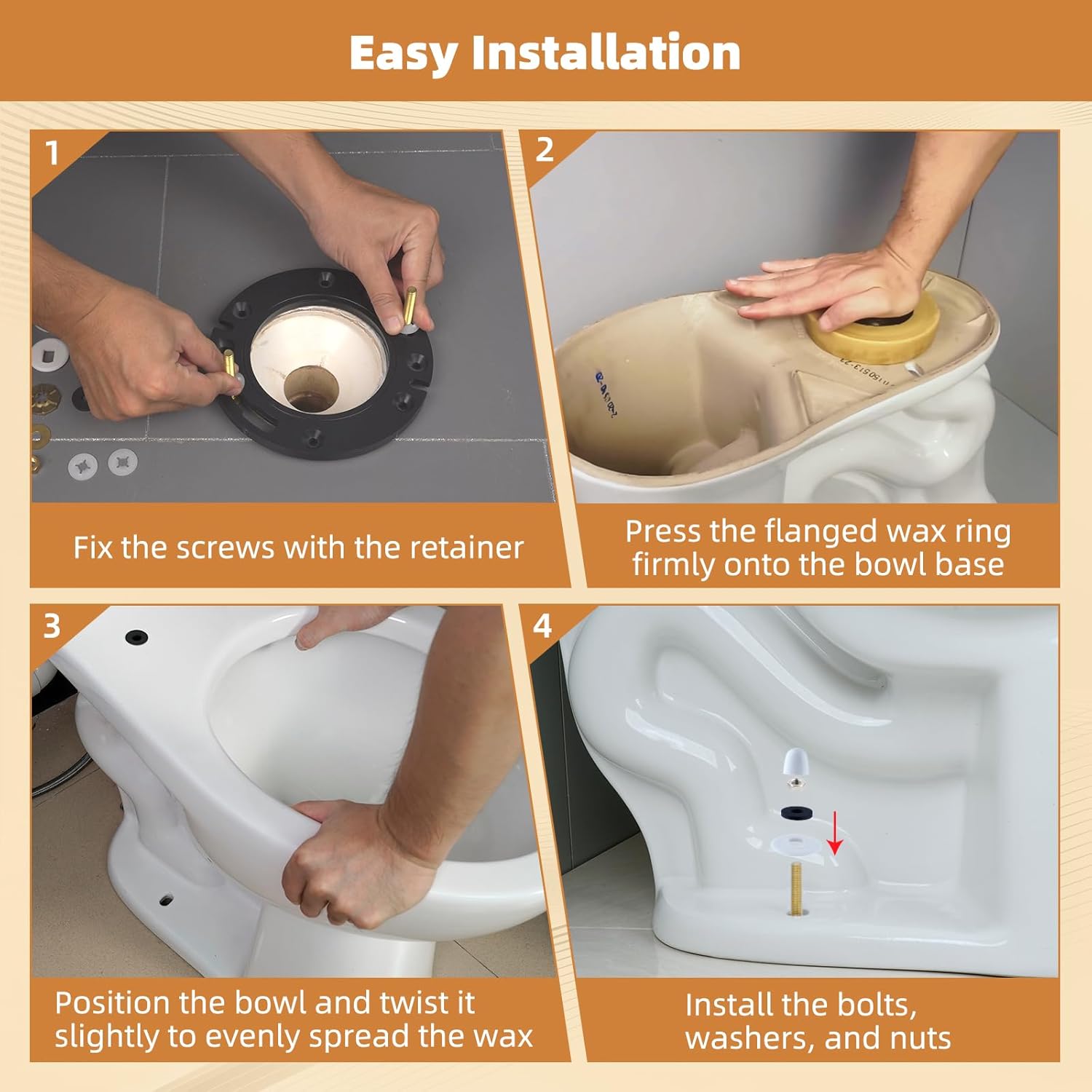 Extra Thick Toilet Wax Ring Replacement Kit, Universal Toilet Seal Ring with Brass Toilet Floor Bolts and Retainer Washers, PE Flange Fits 3 Inch and 4 Inch Drain Pipes - Image 8