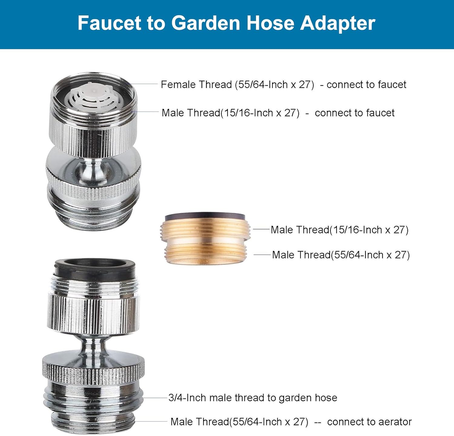 Faucet Adapter Kit, Swivel Aerator Adapter to Connect Garden Hose - Multi-Thread Kitchen Sink Faucet to Garden Hose Adapter 3/4 Inch - Chrome Finished - Image 2