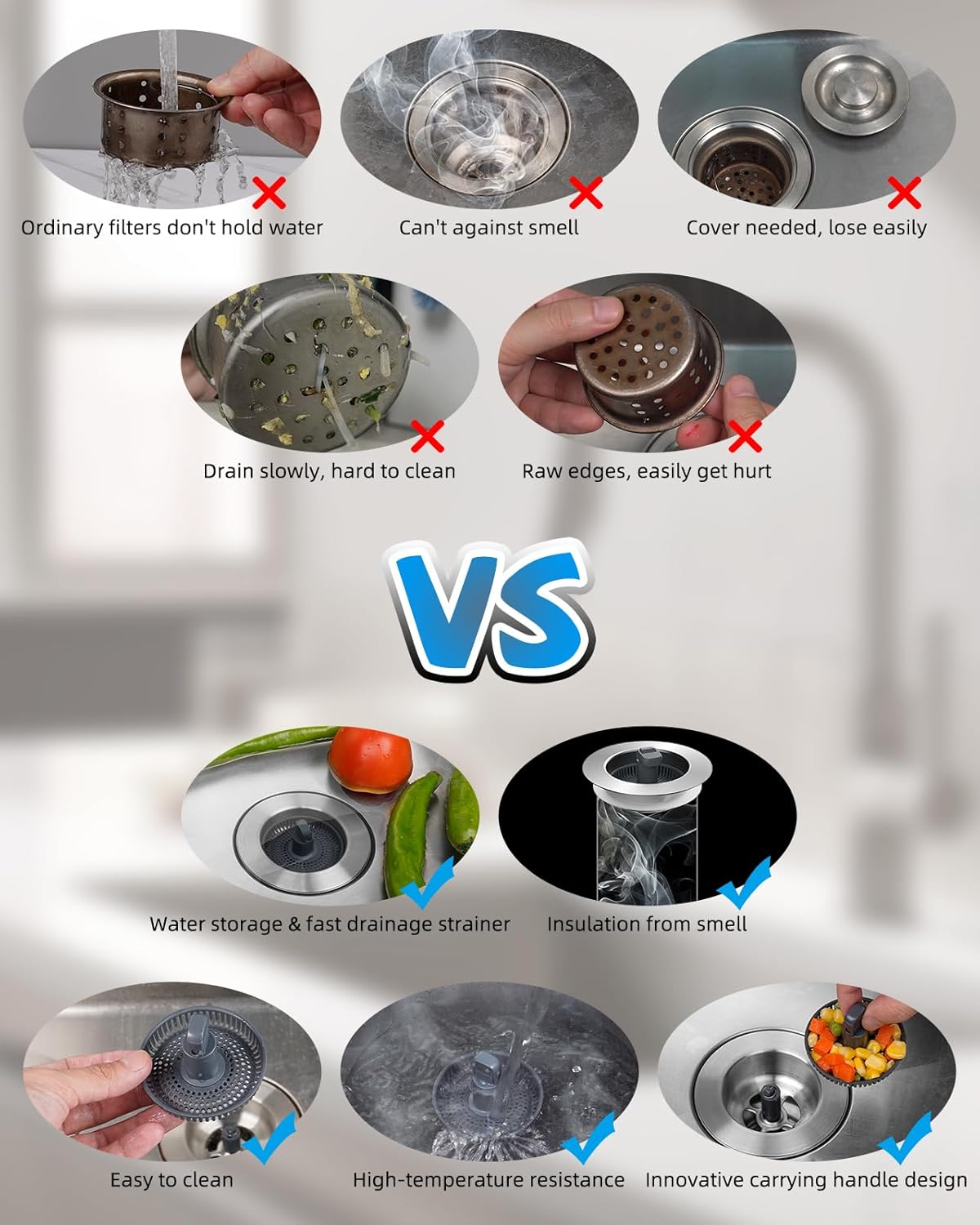 Upgraded 3 in 1 Kitchen Sink Drain Strainer and Stopper Combo, Stainless Steel Metal Pop Up Sink Stopper, Anti-Clogging Basket with Foldable Handle for US Standard 3-1/2 Inch Drain - Image 4