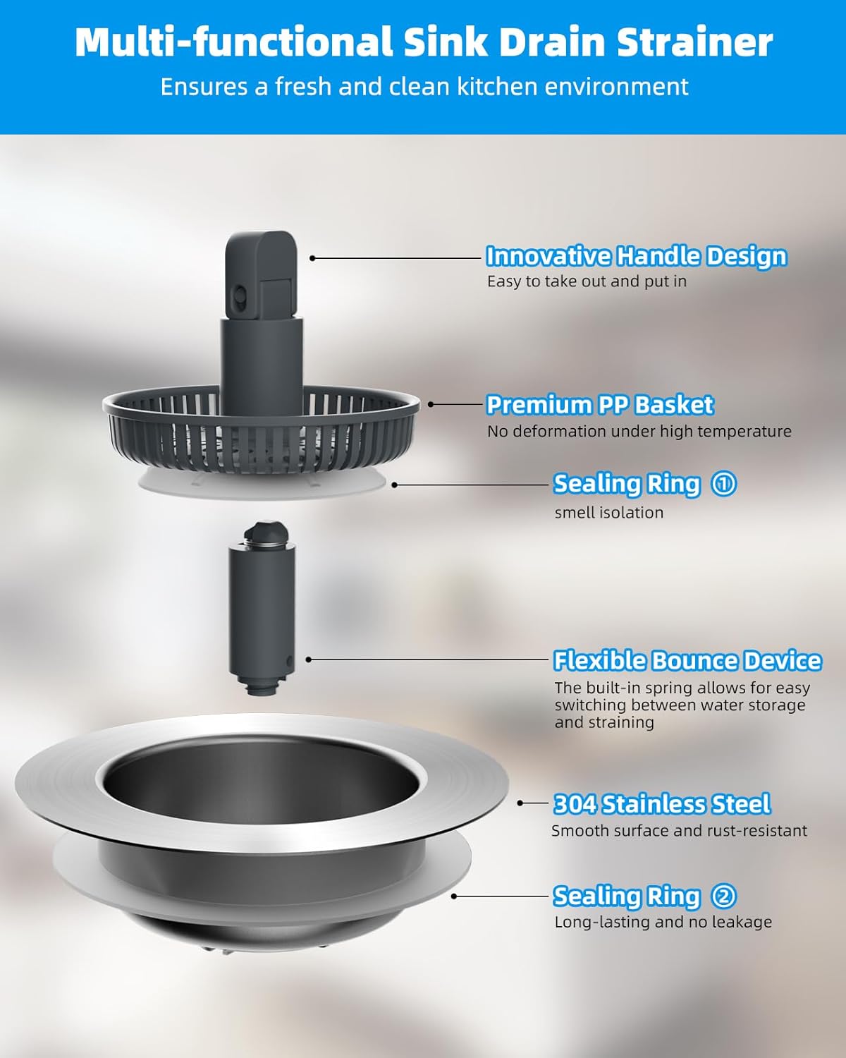 Upgraded 3 in 1 Kitchen Sink Drain Strainer and Stopper Combo, Stainless Steel Metal Pop Up Sink Stopper, Anti-Clogging Basket with Foldable Handle for US Standard 3-1/2 Inch Drain - Image 5