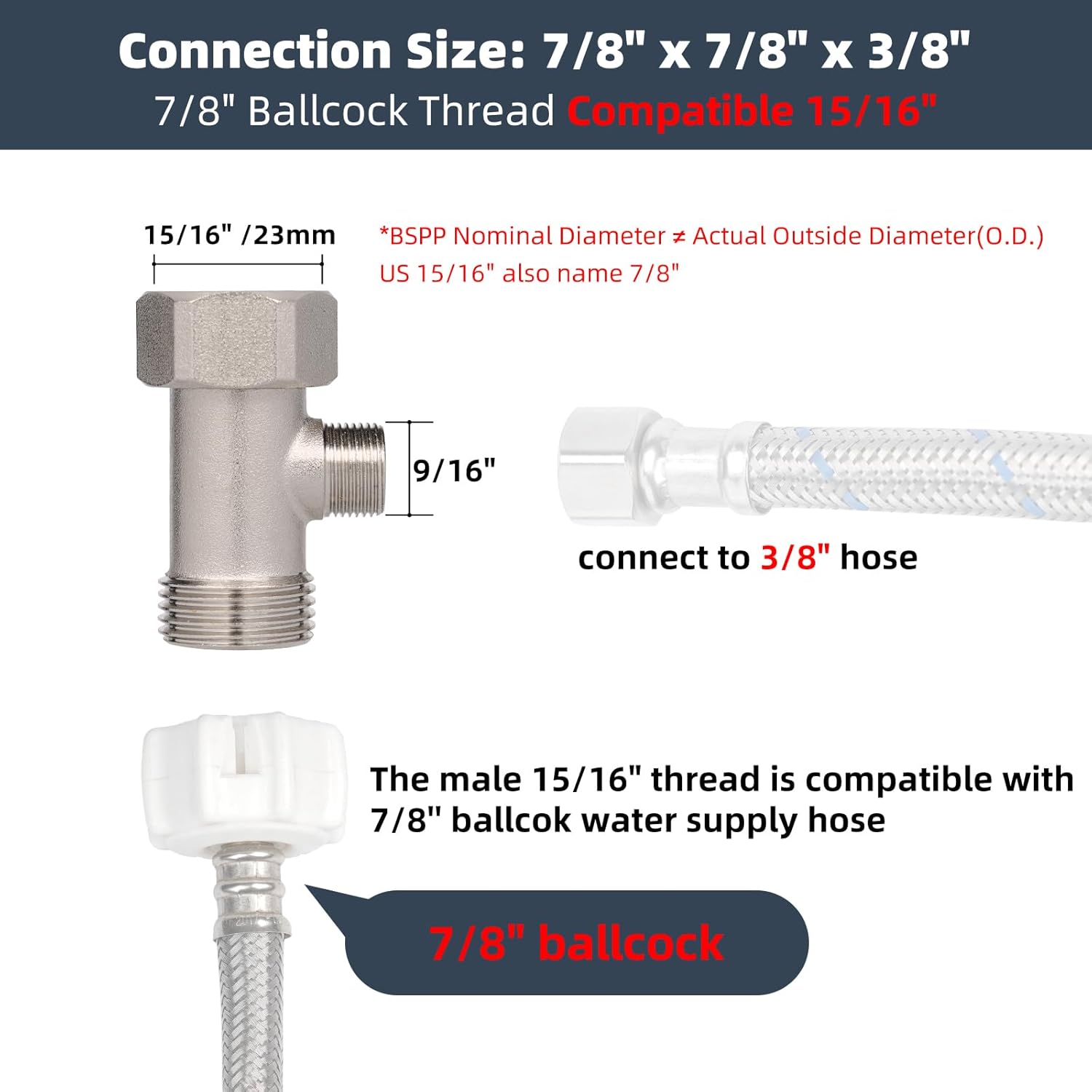 Bidet T Adapter, Metal T Valve for Bidet(7/8” x 7/8” x 3/8”) or (15/16