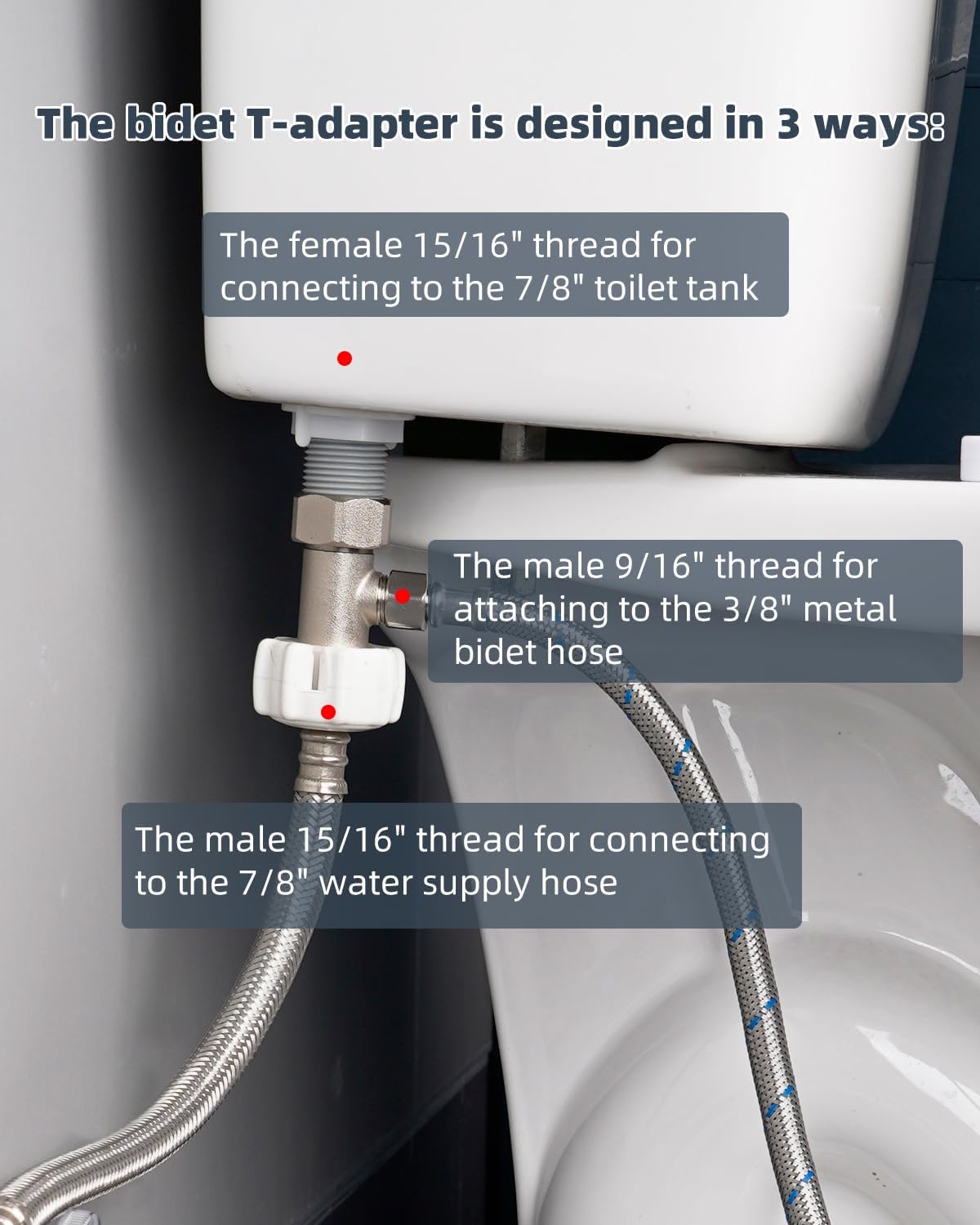 Bidet T Adapter, Metal T Valve for Bidet(7/8” x 7/8” x 3/8”) or (15/16