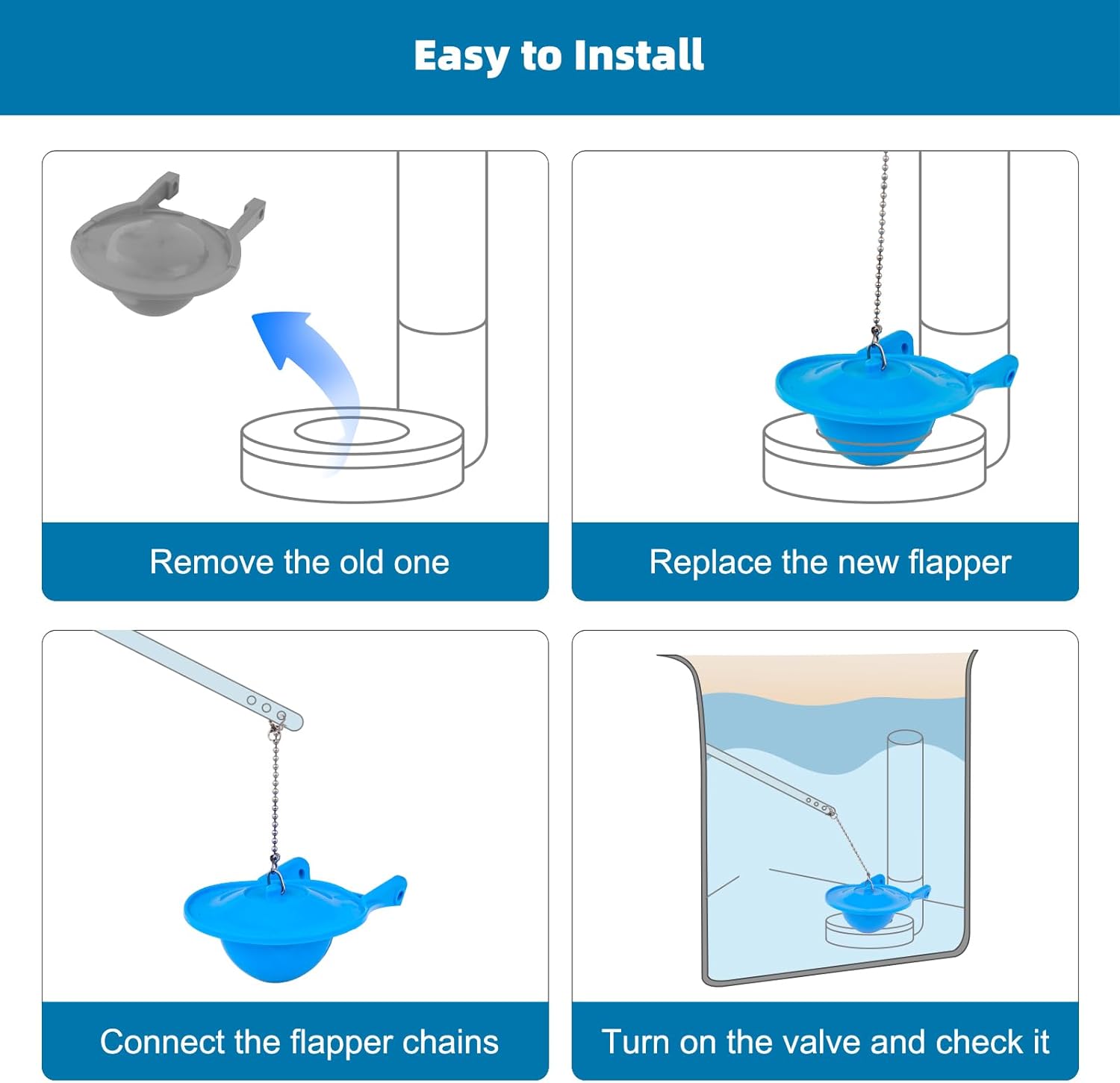 Large 3-Inch Toilet Flapper Replacement Compatible with Gerber 99-788, Water Conserving Toilet Flappers for 3 Inch Flush Valves, Stainless Steel Chain, High Performance, Easy to Install, Blue - Image 7