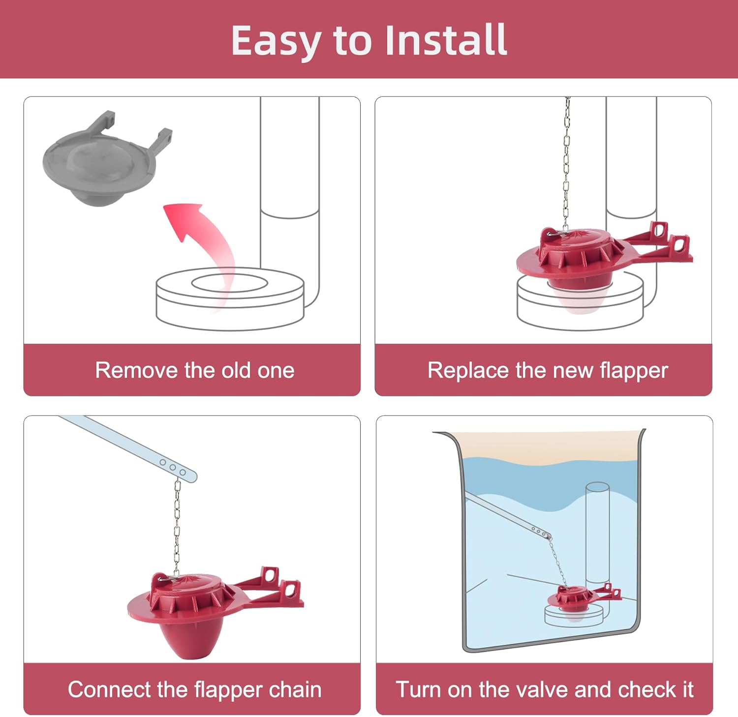 2-inch Universal Toilet Tank Flapper, Long Lasting All Rubber Seal Flapper Replacement Compatible with American Standard Water Conserving, High Performance, Easy to Install, Red - Image 7