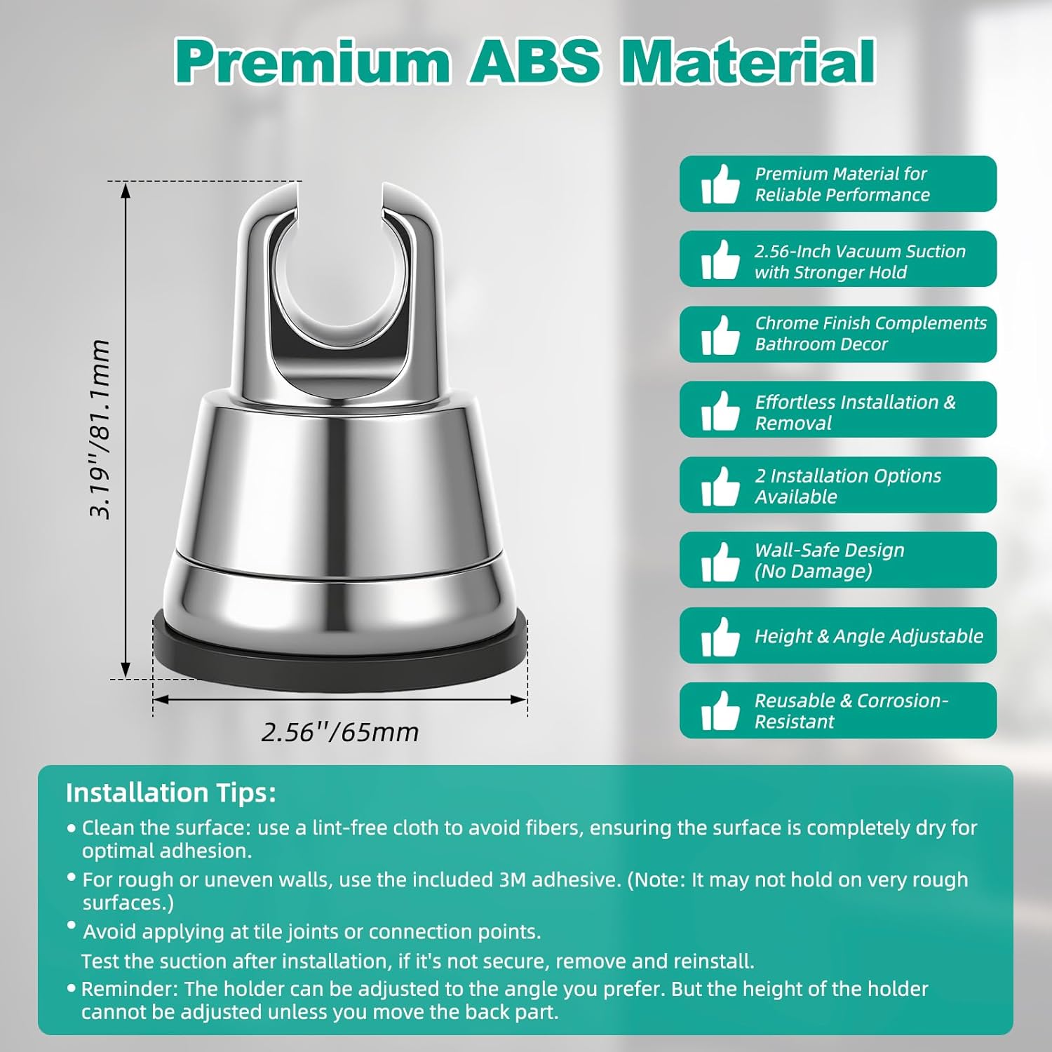 Vacuum Suction Cup Shower Head Holder, Removable Shower Wand Bracket, Adjustable Height & Wall Mount ABS Plastic Suction Holder for Handheld Shower Head, Chrome Finish - Image 2