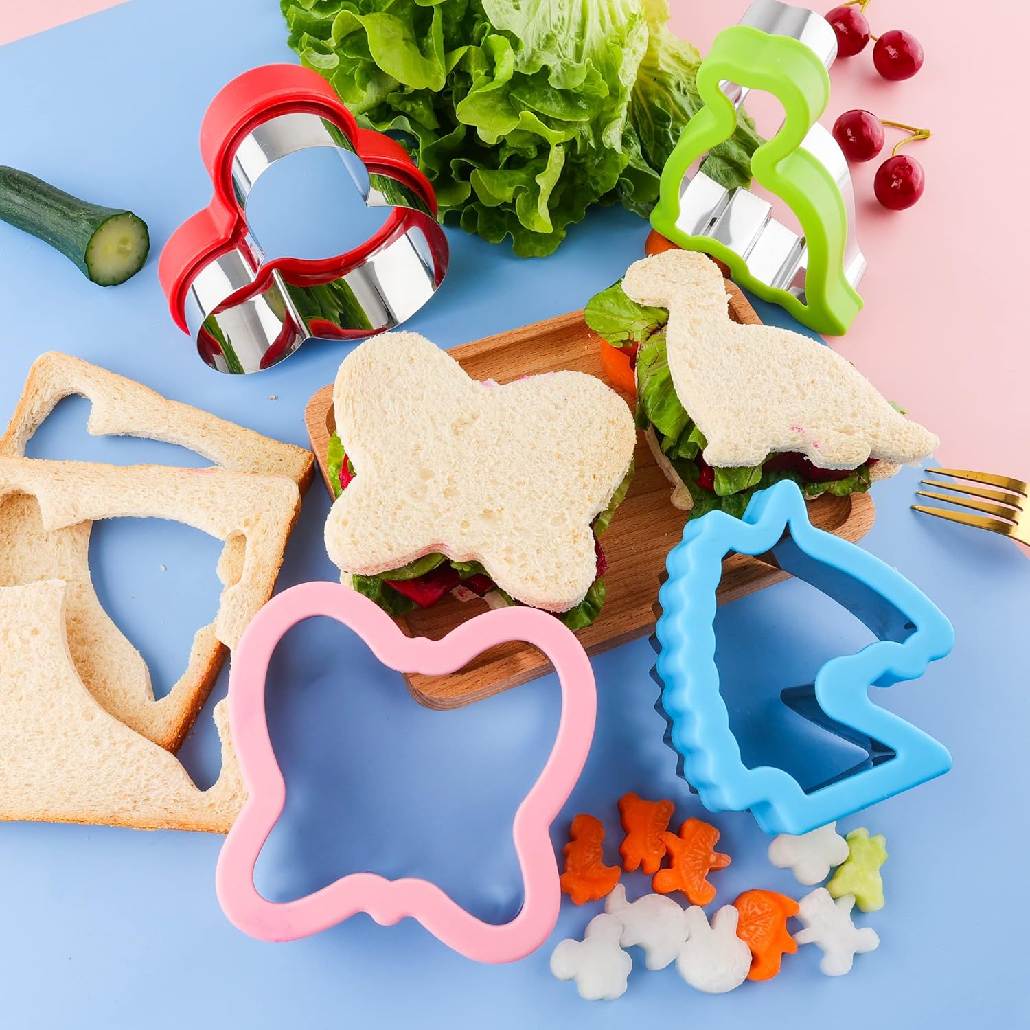 Sandwich Cutter Set Fruit Cutters Bread Cutout Shapes for Kids Lunch Butterfly Dinosaur Unicorn Mousehead Food Shaped Cookie Cutters 13 Pack for Baking and Food Tools Accessories - Image 2