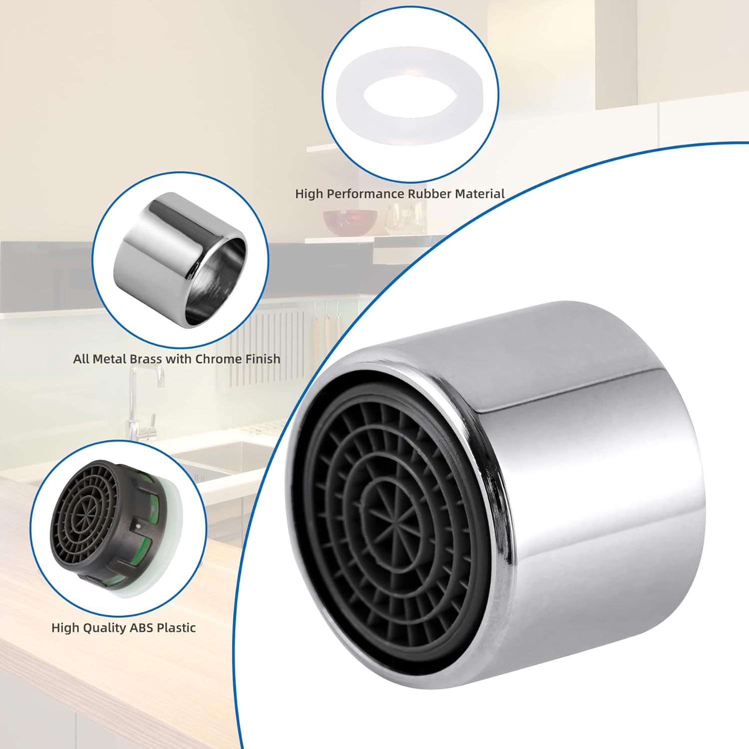4 Pack Faucet Aerator, Kitchen Sink Aerator Shell with Built-in Filter, 55/64 Female Thread Bathroom Faucet Filter, Splash-Proof, Chrome Finish - Image 2