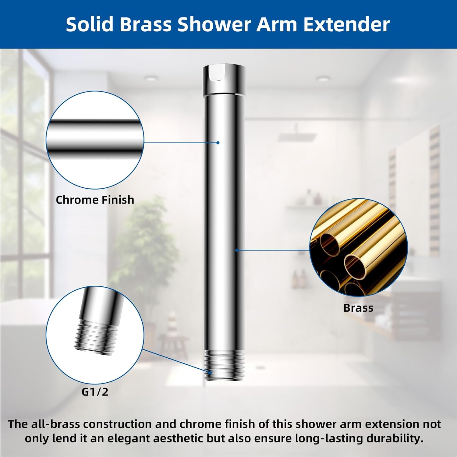 All Metal 6 Inch Shower head Extension, Solid Brass Shower Arm Extension shower Head Extender, Water Outlet Lowers Existing Shower Head Shower Pipe Extension, Chrome Finish - Image 2
