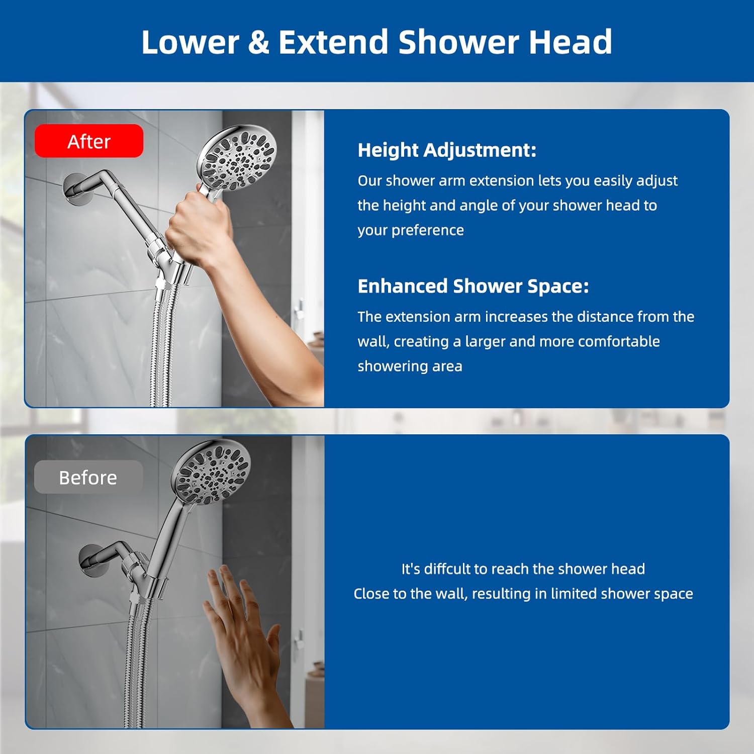 All Metal 6 Inch Shower head Extension, Solid Brass Shower Arm Extension shower Head Extender, Water Outlet Lowers Existing Shower Head Shower Pipe Extension, Chrome Finish - Image 3