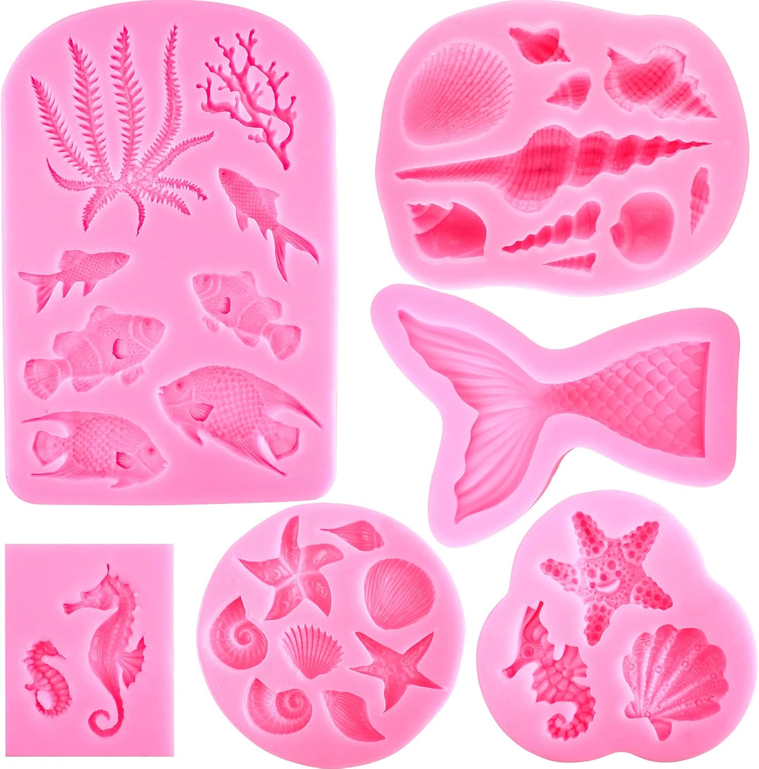 Mermaid Silicone Mold Marine Fondant Cake Mold 6 Pieces Mermaid Tail Chocolate Candy Soap Resin Polymer Clay Mold Seashell Seaweed Seahorse Sea Turtle Silicone Baking Mold - Image 1