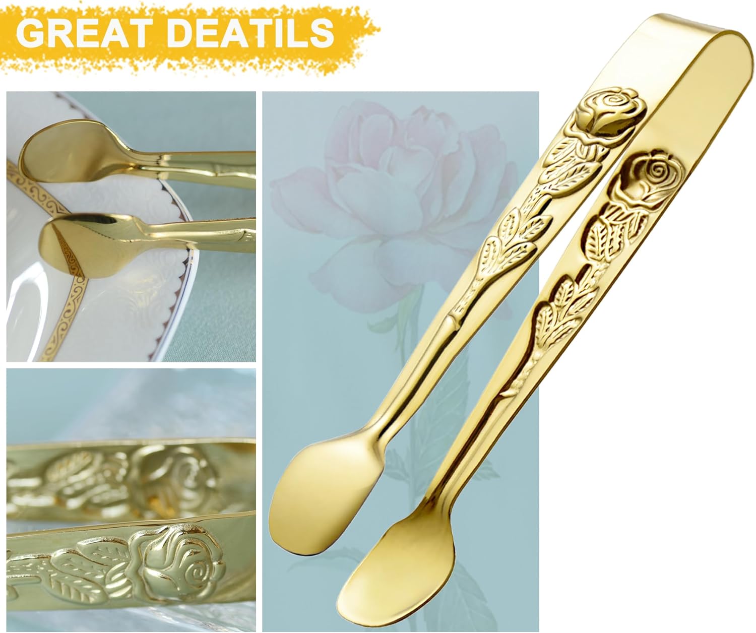 6PCS Mini Serving Tongs 5-Inch Small Rose Sugar Cube Appetizer Tongs, Tiny Metal Tong for Tea Party, Coffee Bar, Desserts (Gold) - Image 4