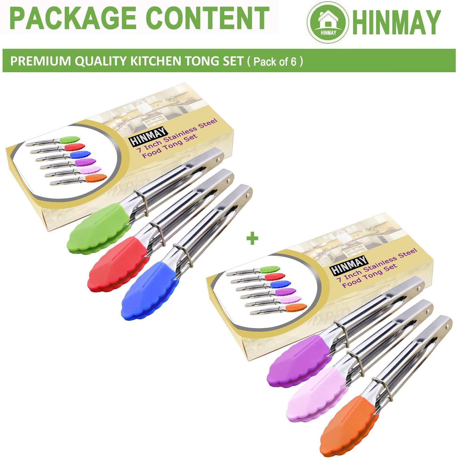 Small Tongs with Silicone Tips 7-Inch Mini Serving Tongs, Set of 6 (Green Red Blue Purple Pink Orange) - Image 2