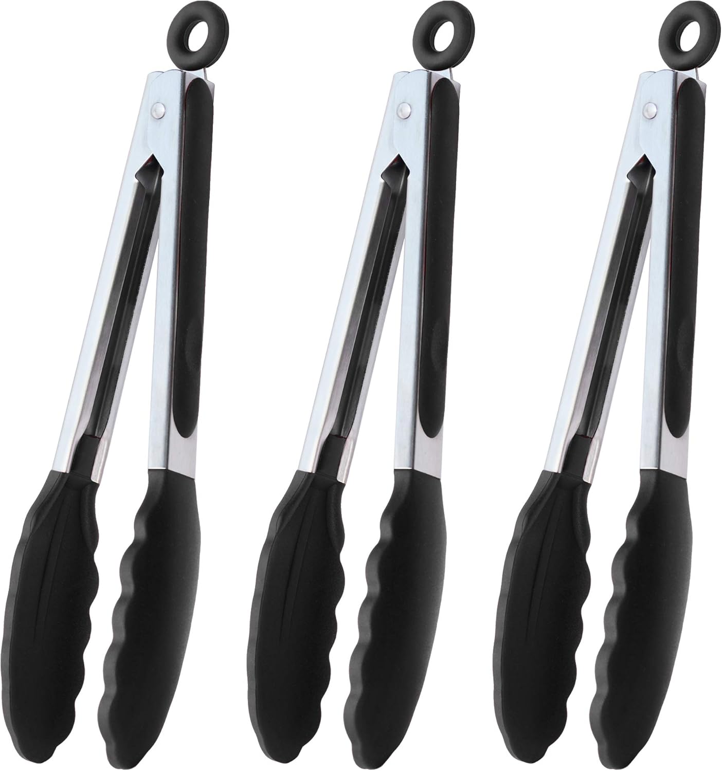 Serving Tongs 9-Inch Cooking Tongs with Silicone Tips, Set of 3 (Black) - Image 1