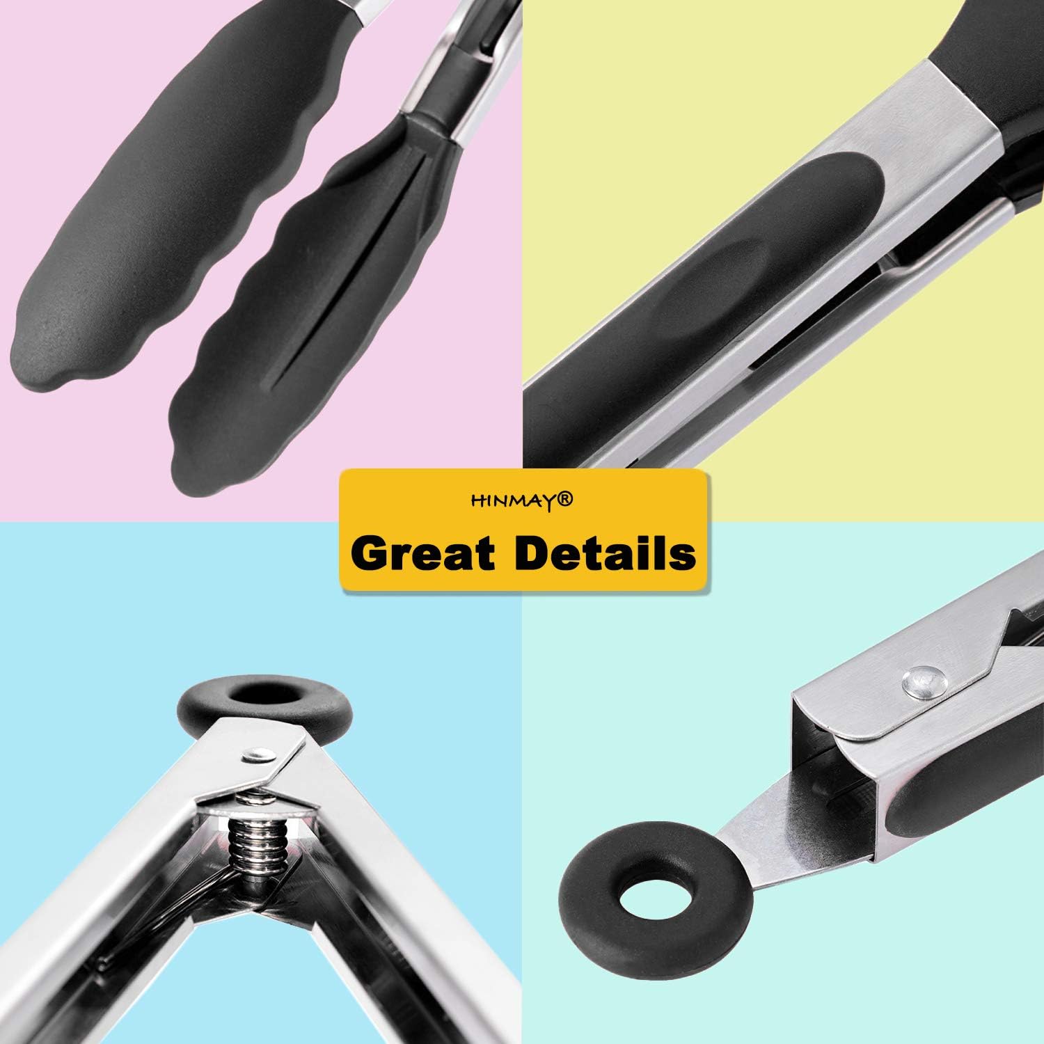 Serving Tongs 9-Inch Cooking Tongs with Silicone Tips, Set of 3 (Black) - Image 4
