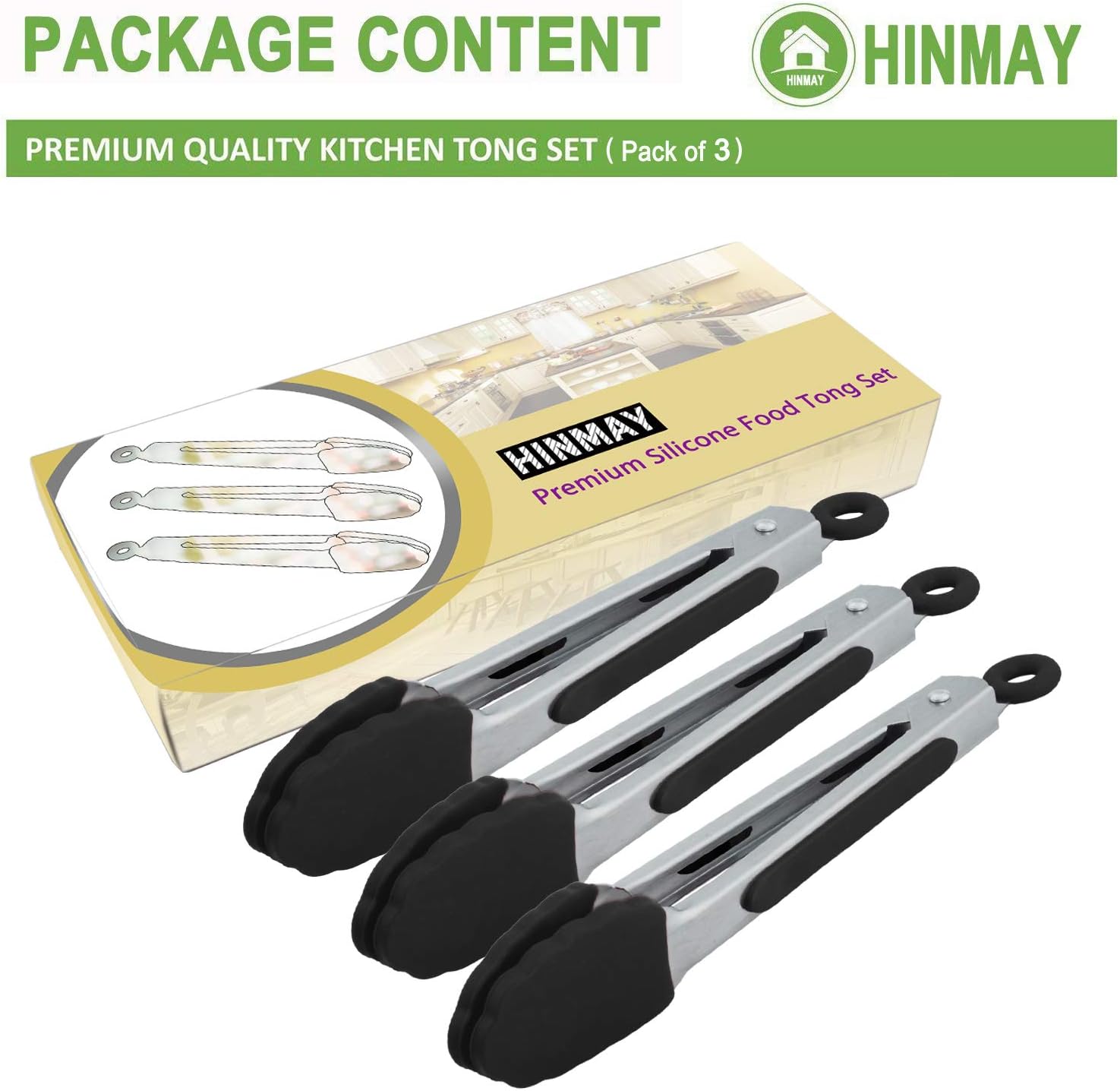 Small Serving Tongs with Silicone Tips 7 Inch Mini Stainless Steel Food Tongs, Set of 3 (Black) - Image 2