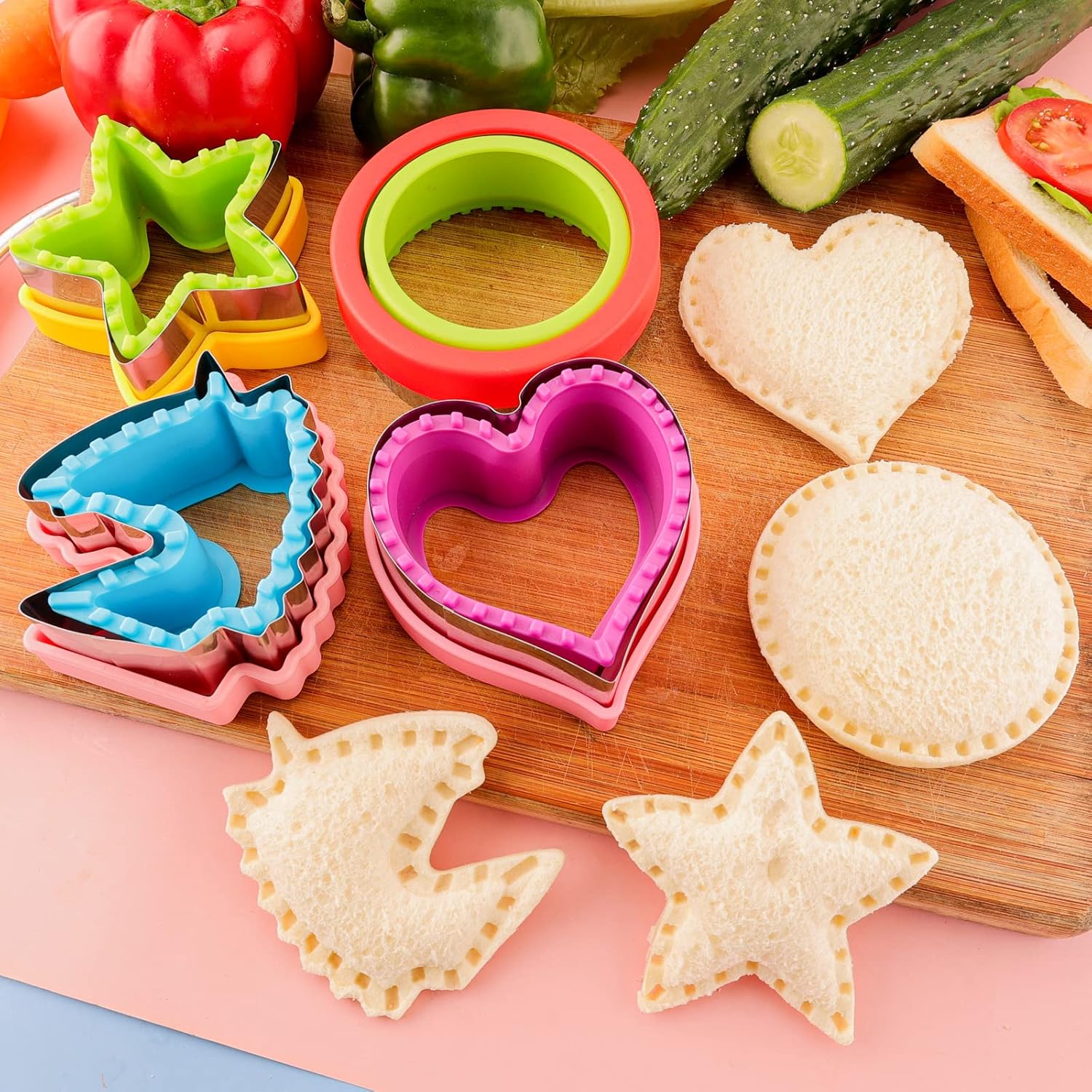 Sandwich Cutter and Sealer for Kids 4pcs Large Bread Decruster Sandwiches Cruster Maker Vegetable Fruit Cookies Food Cutter Shapes Set for Boys Girls Lunch Bento Box Unicorn Star Heart Round - Image 2