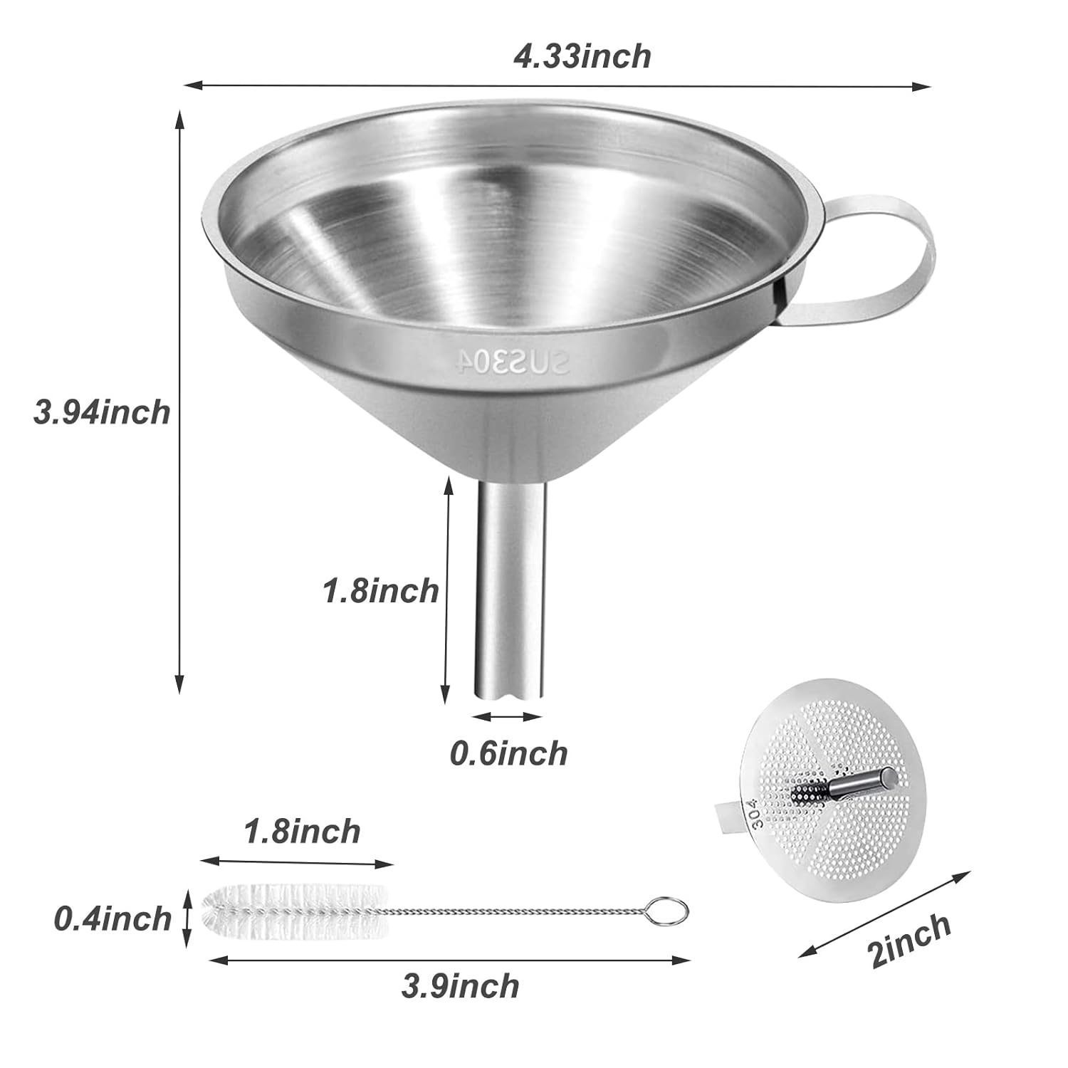 Stainless Steel Kitchen Funnel, 4.3-Inch Food Grade Metal Funnel with Strainer for Filling Bottles, Transferring Liquid, Oil, Juice, Milk - Image 2
