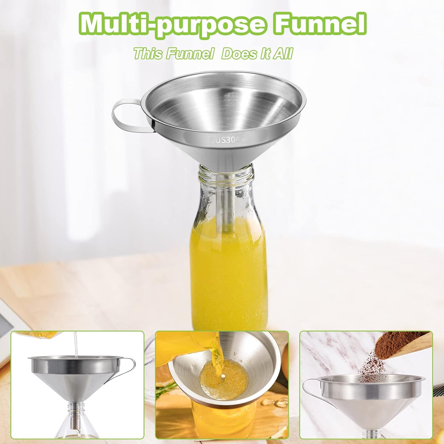 Stainless Steel Kitchen Funnel, 4.3-Inch Food Grade Metal Funnel with Strainer for Filling Bottles, Transferring Liquid, Oil, Juice, Milk - Image 6