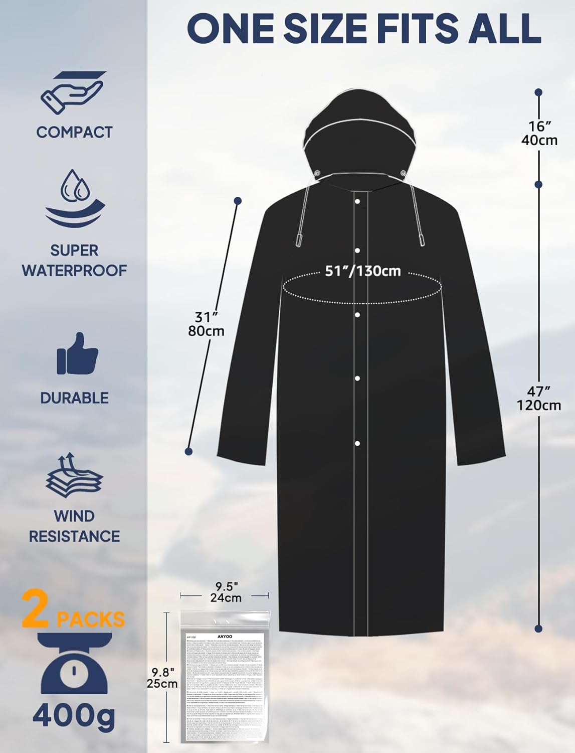 2-Pack Rain Ponchos for Adults Reusable Raincoats with Hooded and Drawstring Emergency for Men Women - Image 2