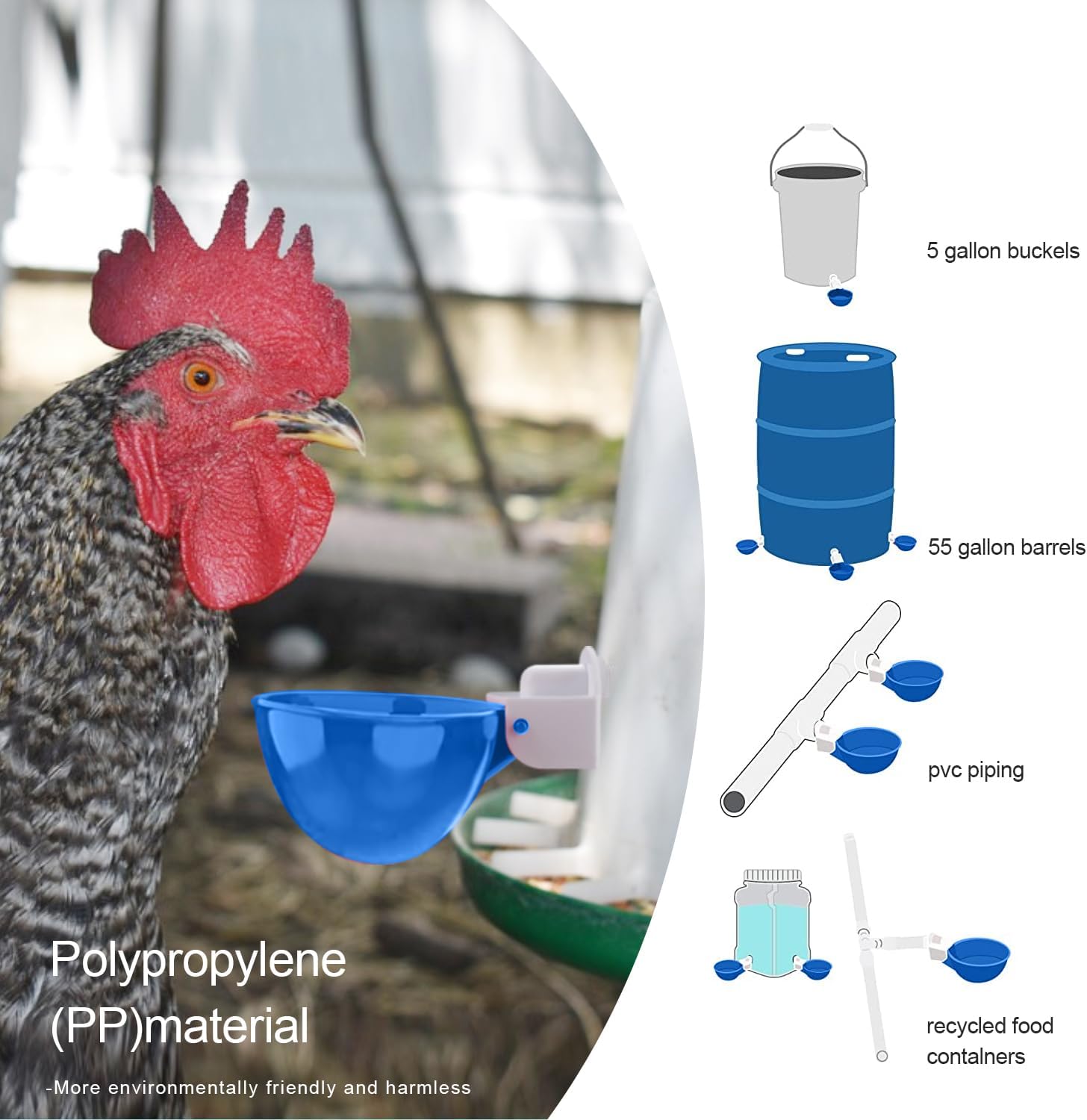 Professional Chicken Waterer Cups, 8 Packs Blue Large Chicken Water Feeder, Tee Fittings Poultry Waterer Suitable for Duck, Chicks, Goose, Turkey, Bunny and Bird with Mounting Hole Opener - Image 3