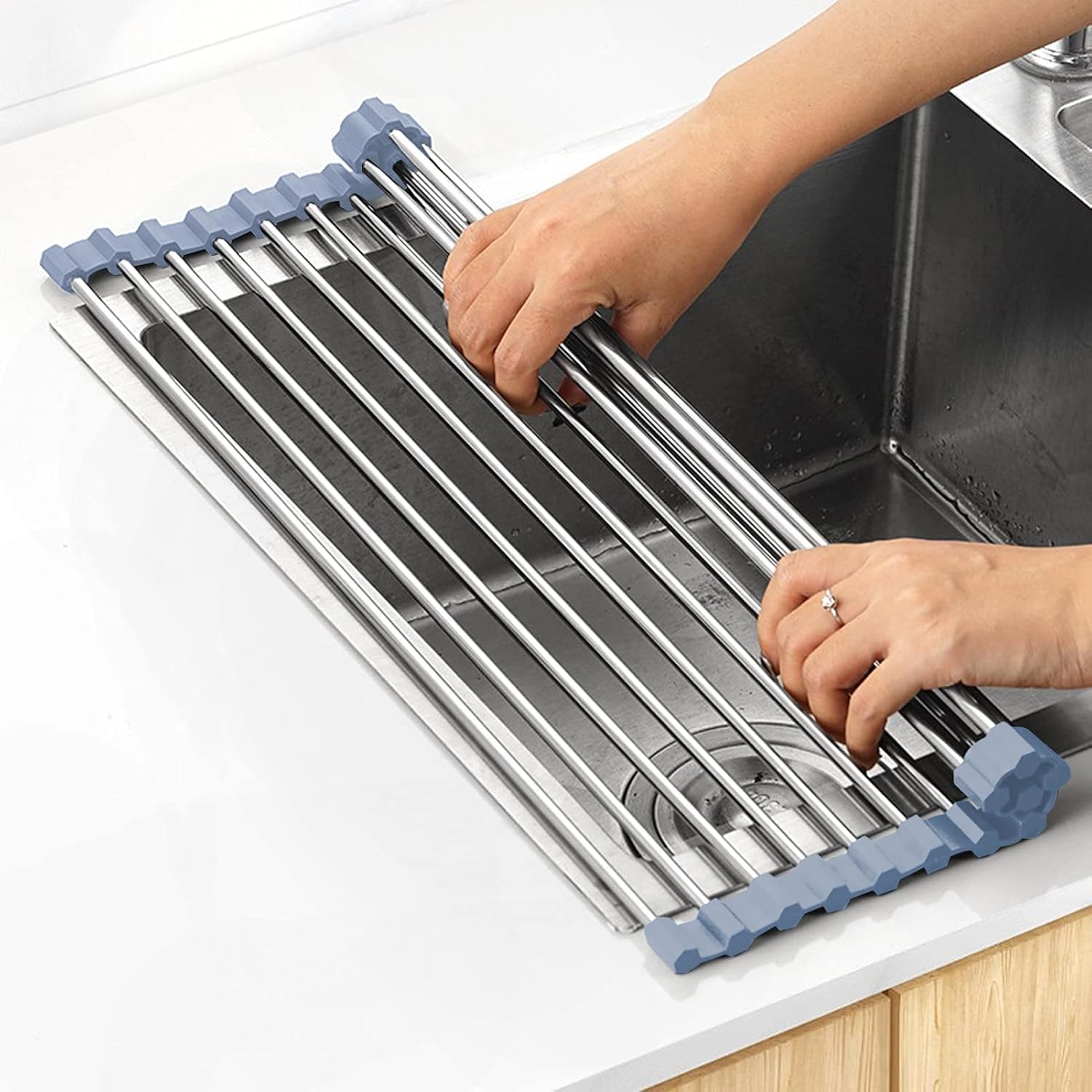 Over The Sink Dish Drying Rack, Roll Up Dish Drying Rack Kitchen Dish Rack Stainless Steel Sink Drying Rack, Foldable Dish Drainer, 17.5''x11.8'' - Image 1