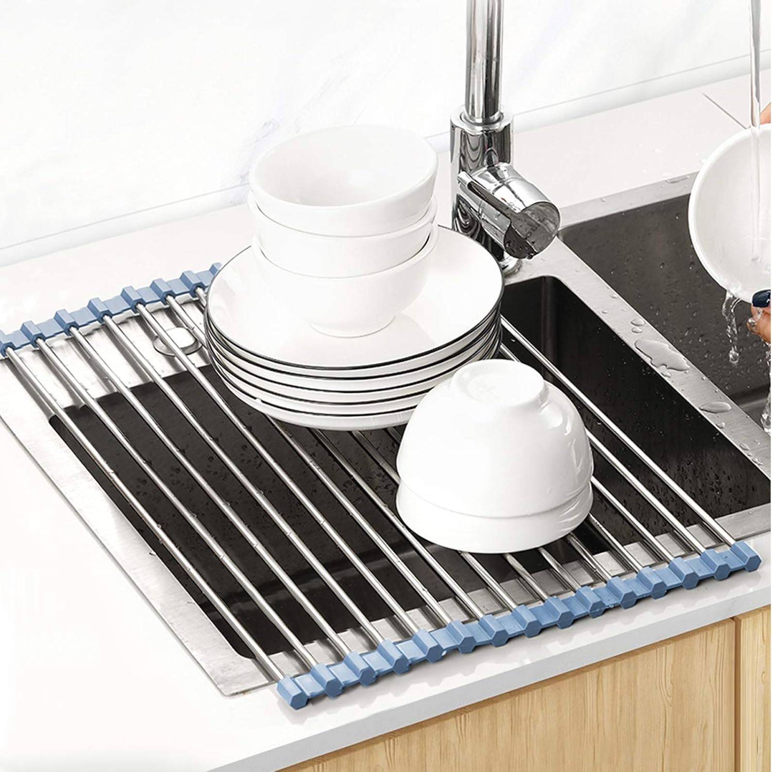 Over The Sink Dish Drying Rack, Roll Up Dish Drying Rack Kitchen Dish Rack Stainless Steel Sink Drying Rack, Foldable Dish Drainer, 17.5''x11.8'' - Image 2