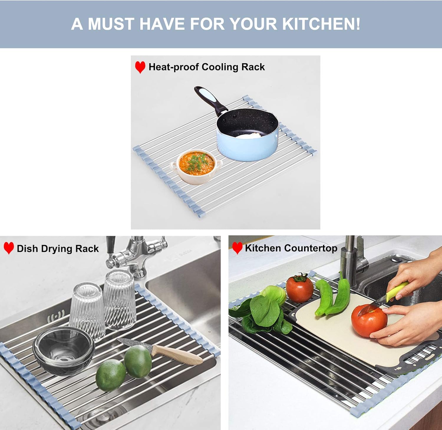 Over The Sink Dish Drying Rack, Roll Up Dish Drying Rack Kitchen Dish Rack Stainless Steel Sink Drying Rack, Foldable Dish Drainer, 17.5''x11.8'' - Image 4