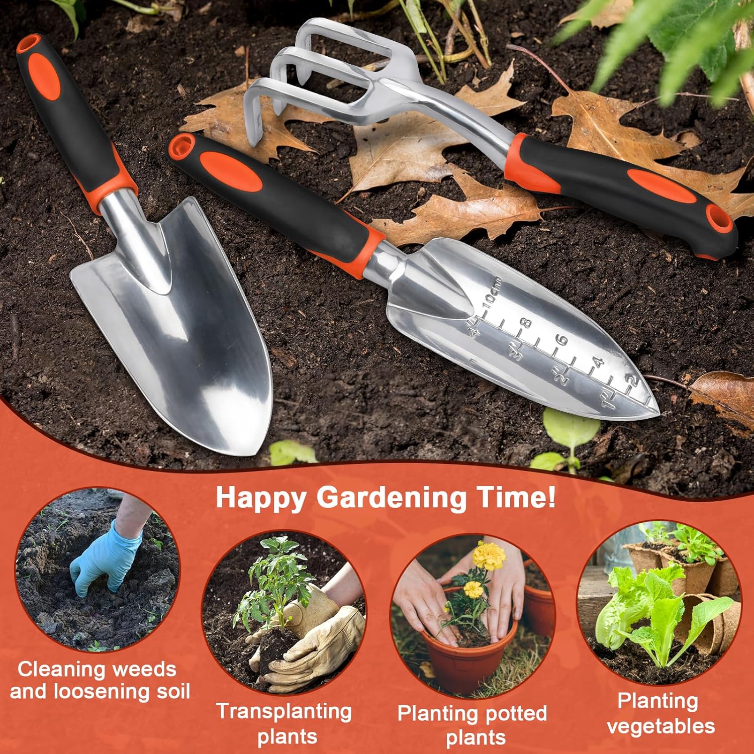 Garden Tools Set, 3 Pack Heavy Duty Gardening Tools Set Include Garden Shovel, Transplant Trowel and Hand Rake with Ergonomic Handle, Aluminum Alloy Lawn for Planting, Orange - Image 7