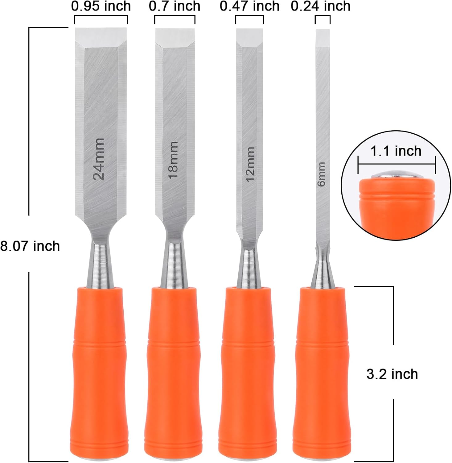 4 Piece Wood Chisel Sets Woodworking Tools Set, Wood Chisels for Woodworking with Steel Hammer End, Wood Tools Chisel Set Woodworking with Ergonomic Plastic Handle, 6mm, 12mm, 18mm, 24mm - Image 2