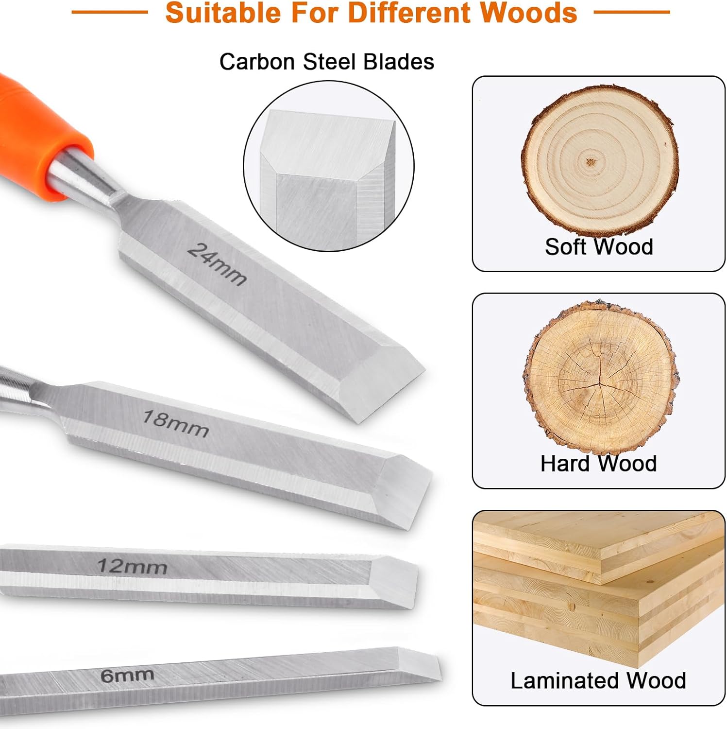 4 Piece Wood Chisel Sets Woodworking Tools Set, Wood Chisels for Woodworking with Steel Hammer End, Wood Tools Chisel Set Woodworking with Ergonomic Plastic Handle, 6mm, 12mm, 18mm, 24mm - Image 4