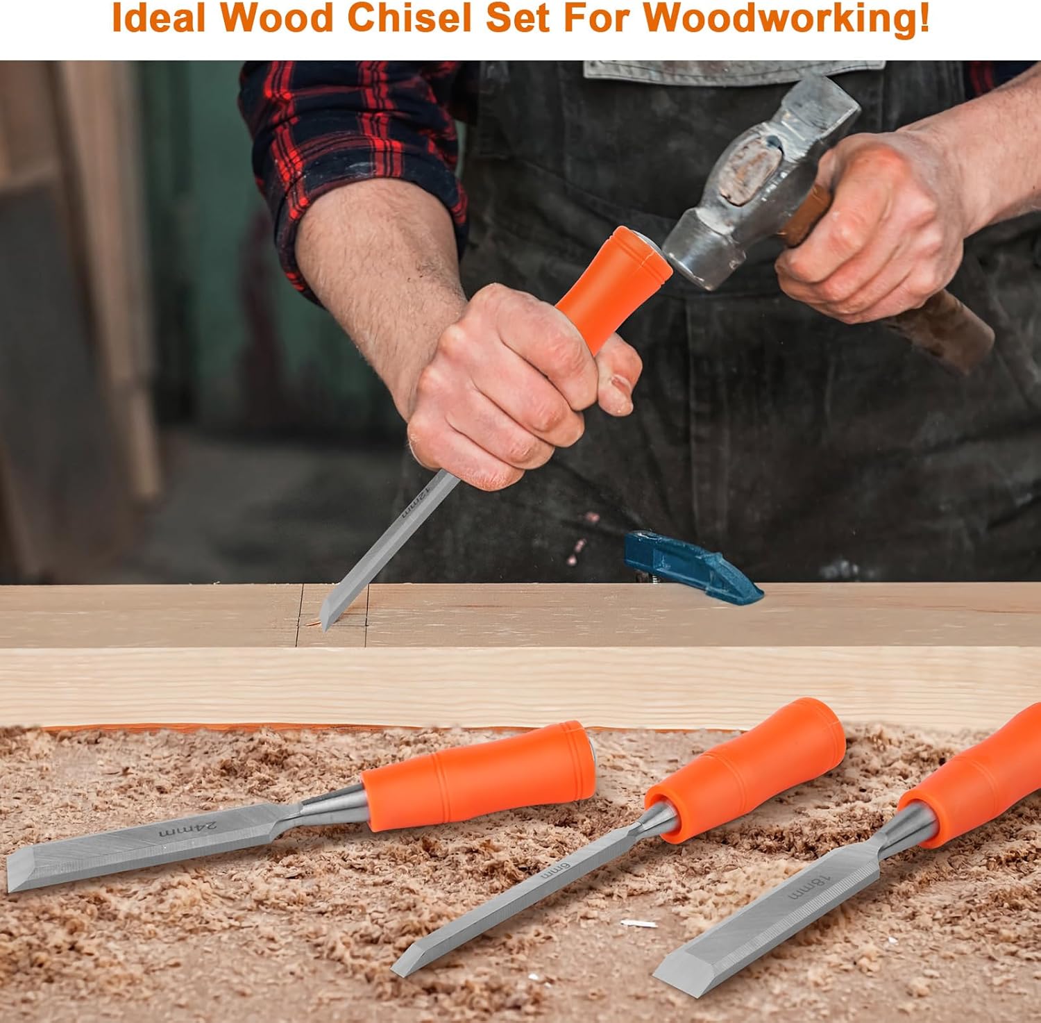 4 Piece Wood Chisel Sets Woodworking Tools Set, Wood Chisels for Woodworking with Steel Hammer End, Wood Tools Chisel Set Woodworking with Ergonomic Plastic Handle, 6mm, 12mm, 18mm, 24mm - Image 6