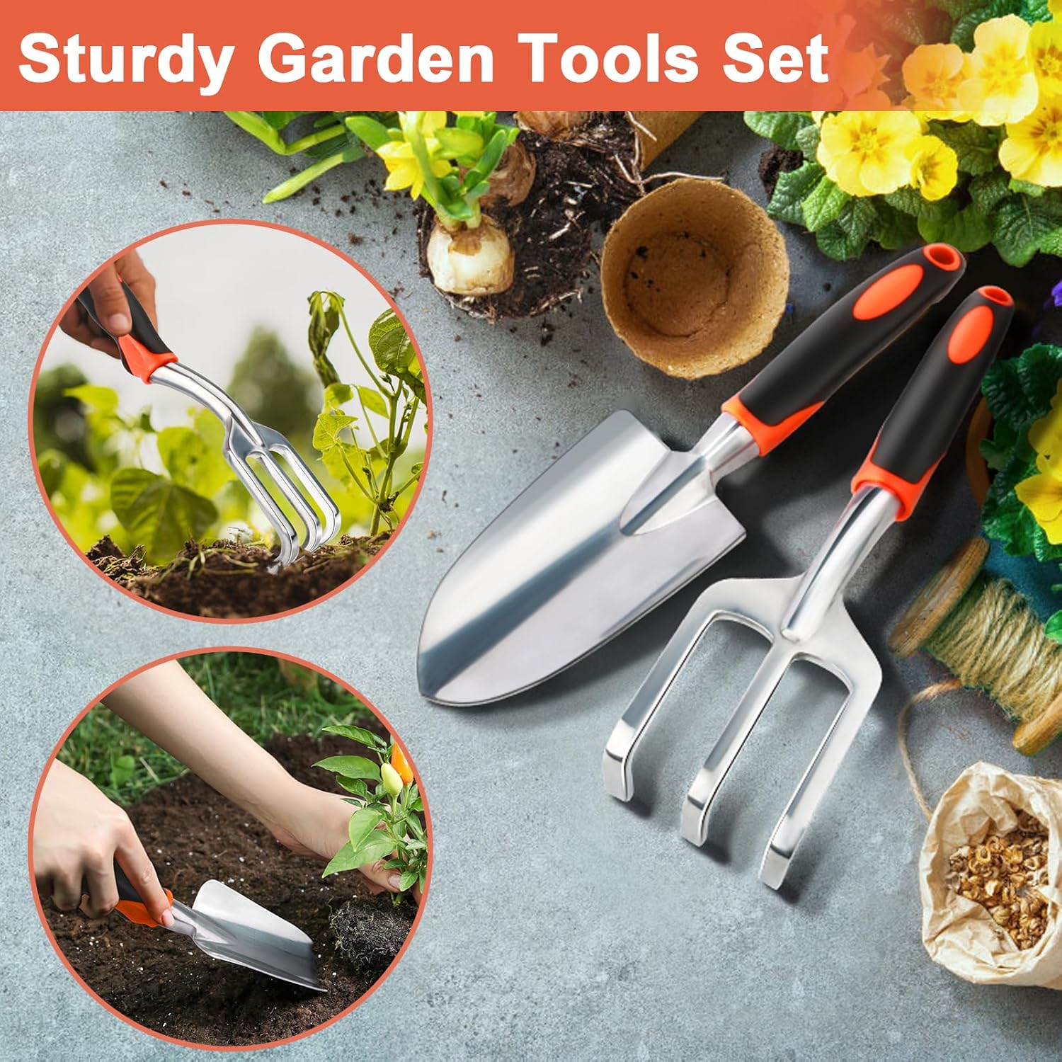 Garden Tool Set, 2 Pack Heavy Duty Gardening Tools Set Include Garden Shovel and Hand Rake Claw Tool with Ergonomic Handle, Small Gardening Hand Tools for Digging Weeding Planting Transplanting - Image 5