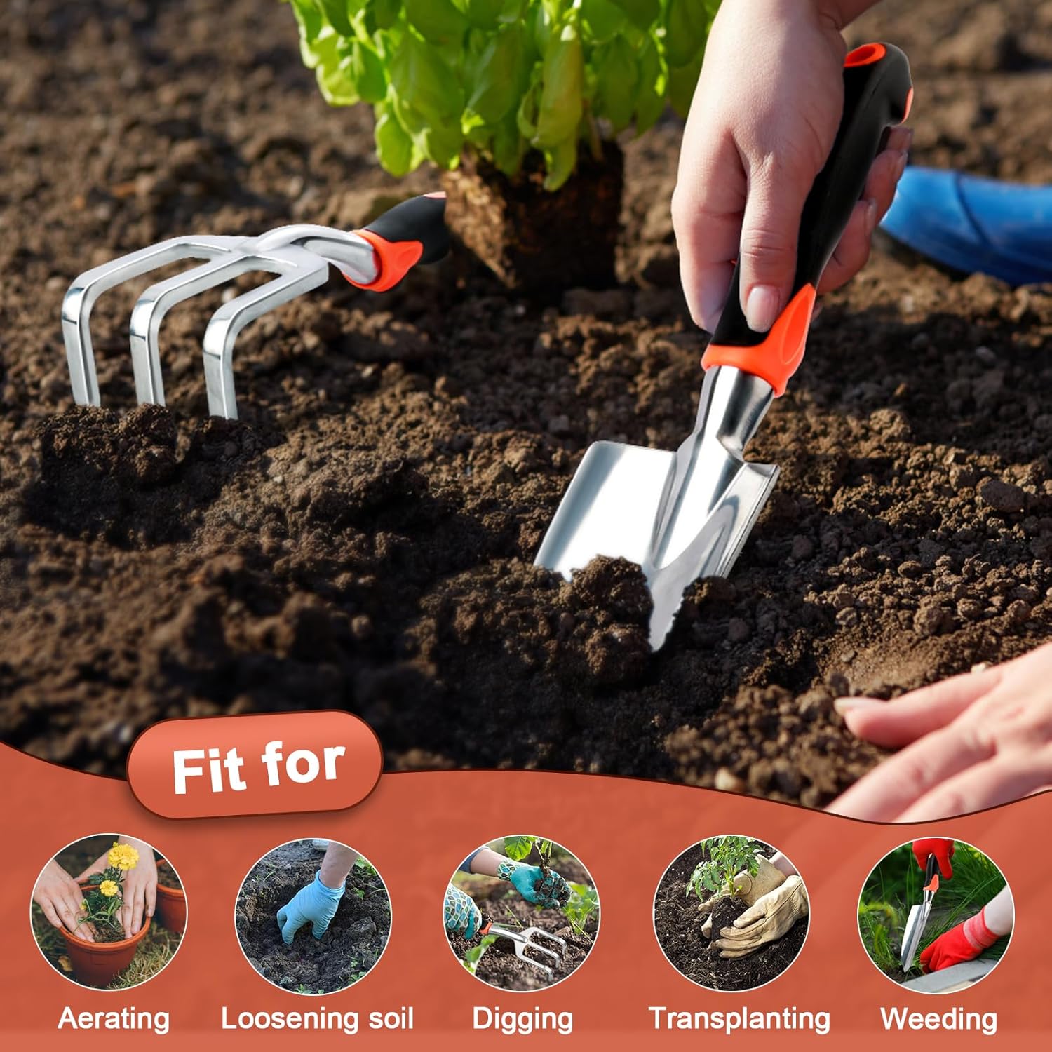 Garden Tool Set, 2 Pack Heavy Duty Gardening Tools Set Include Garden Shovel and Hand Rake Claw Tool with Ergonomic Handle, Small Gardening Hand Tools for Digging Weeding Planting Transplanting - Image 6