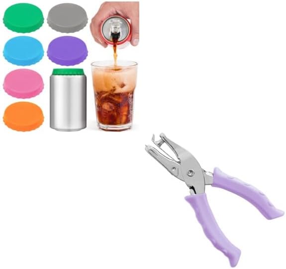6 Pack Silicone Soda Can Cover Lids, Reusable Soda Can Lids + Single Hole Punch 1/4” Hole Puncher for Crafts Purple - Image 1