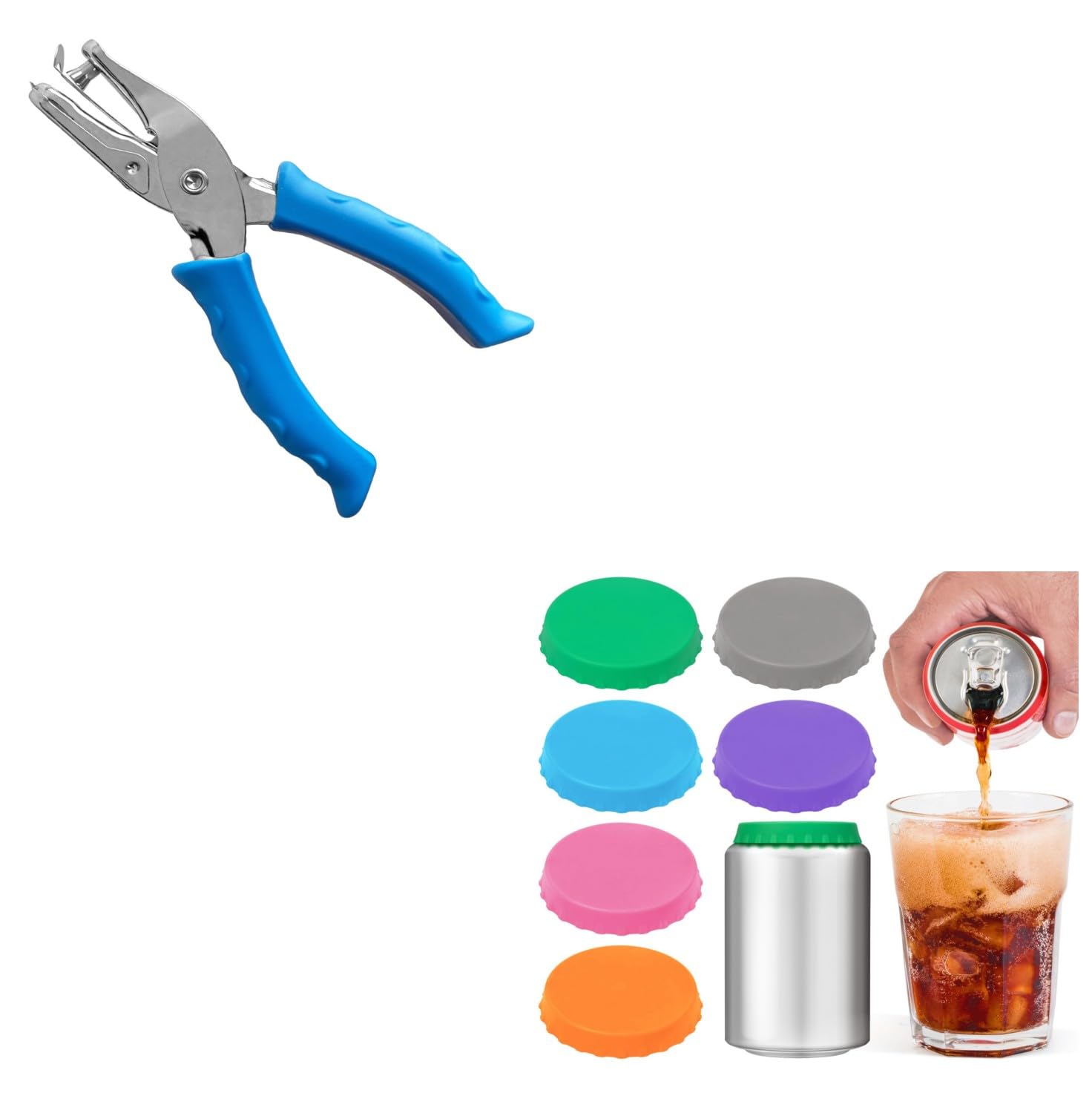 Single Hole Punch 1/4” Hole Puncher for Crafts, One Hole Paper Punch + 6 Pack Silicone Soda Can Cover Lids, Reusable Soda Can Lids - Image 1