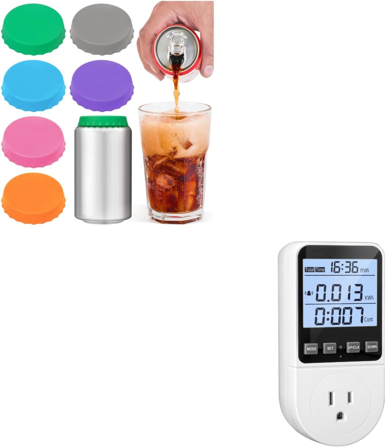 6 Pack Silicone Soda Can Cover Lids, Reusable Soda Can Lids Beer Can Covers + Upgraded Watt Meter, Watt Usage Meter Plug Home Energy Monitor Consumption - Image 1