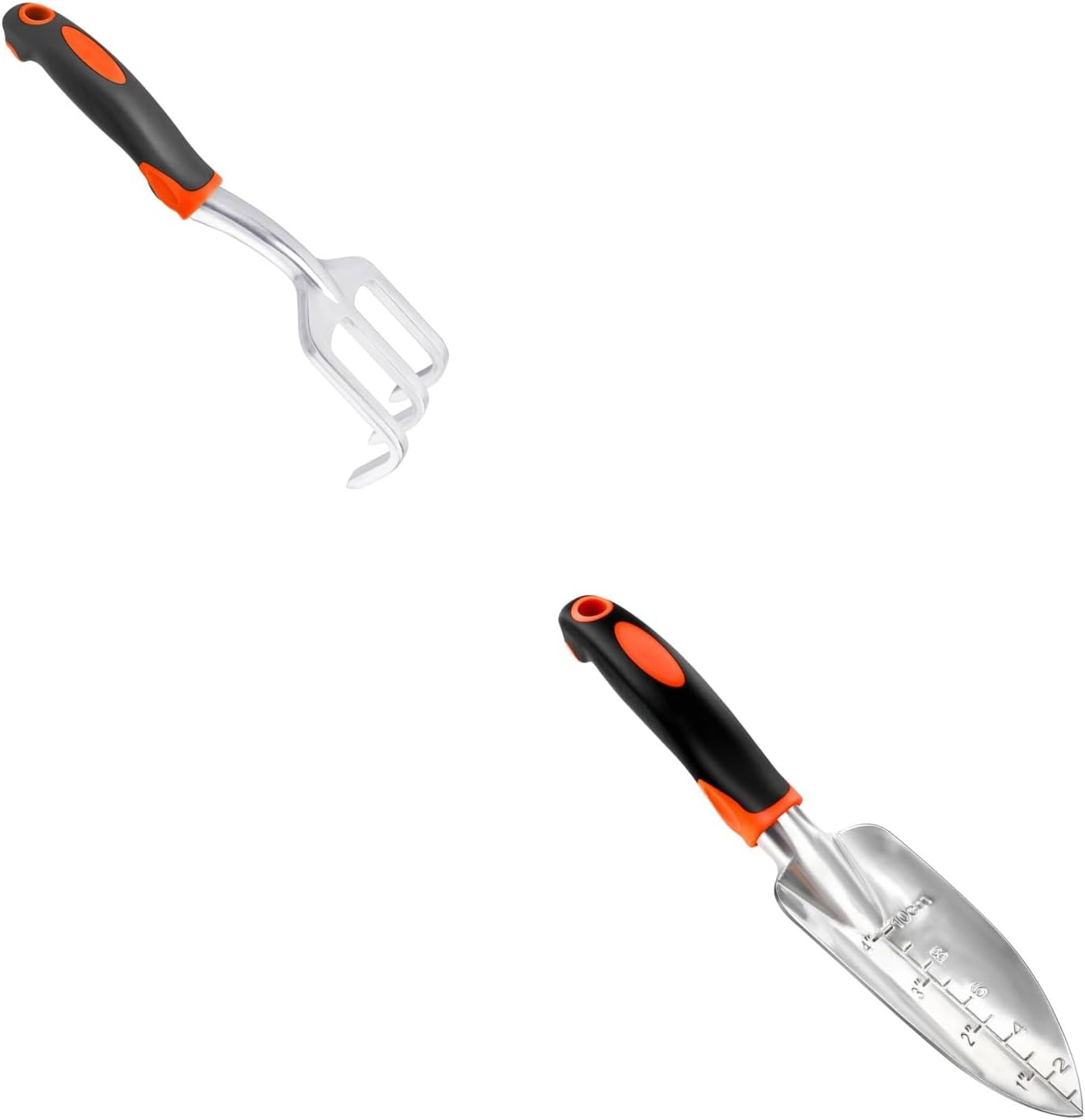 Hand Rake Garden Tool, Heavy Duty Hand Cultivators for Gardening + Garden Shovel Trowel Garden Tool with Measurement Mark - Image 1