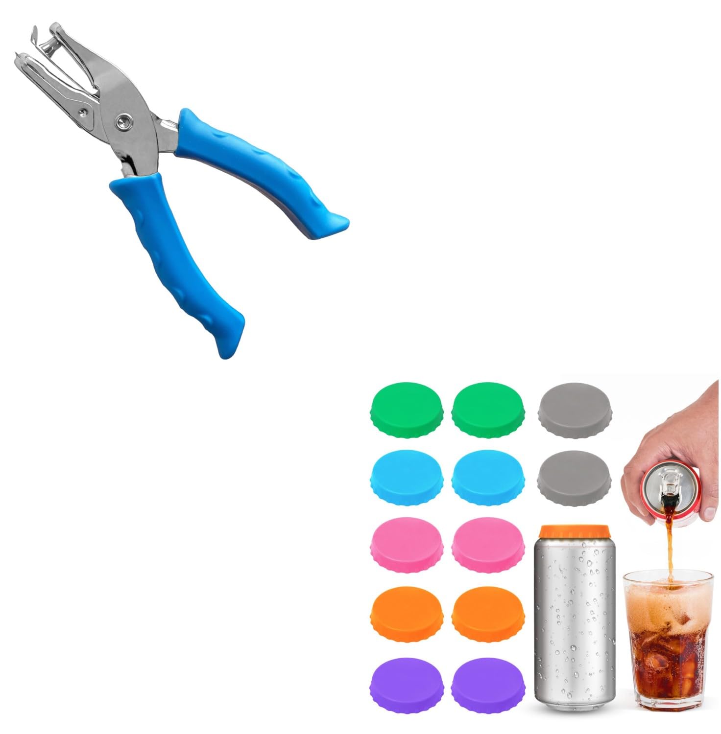 Single Hole Punch 1/4” Hole Puncher for Crafts, One Hole Paper Punch + Silicone Soda Can Cover Lids, Reusable Soda Can Lids Beer Can - Image 1