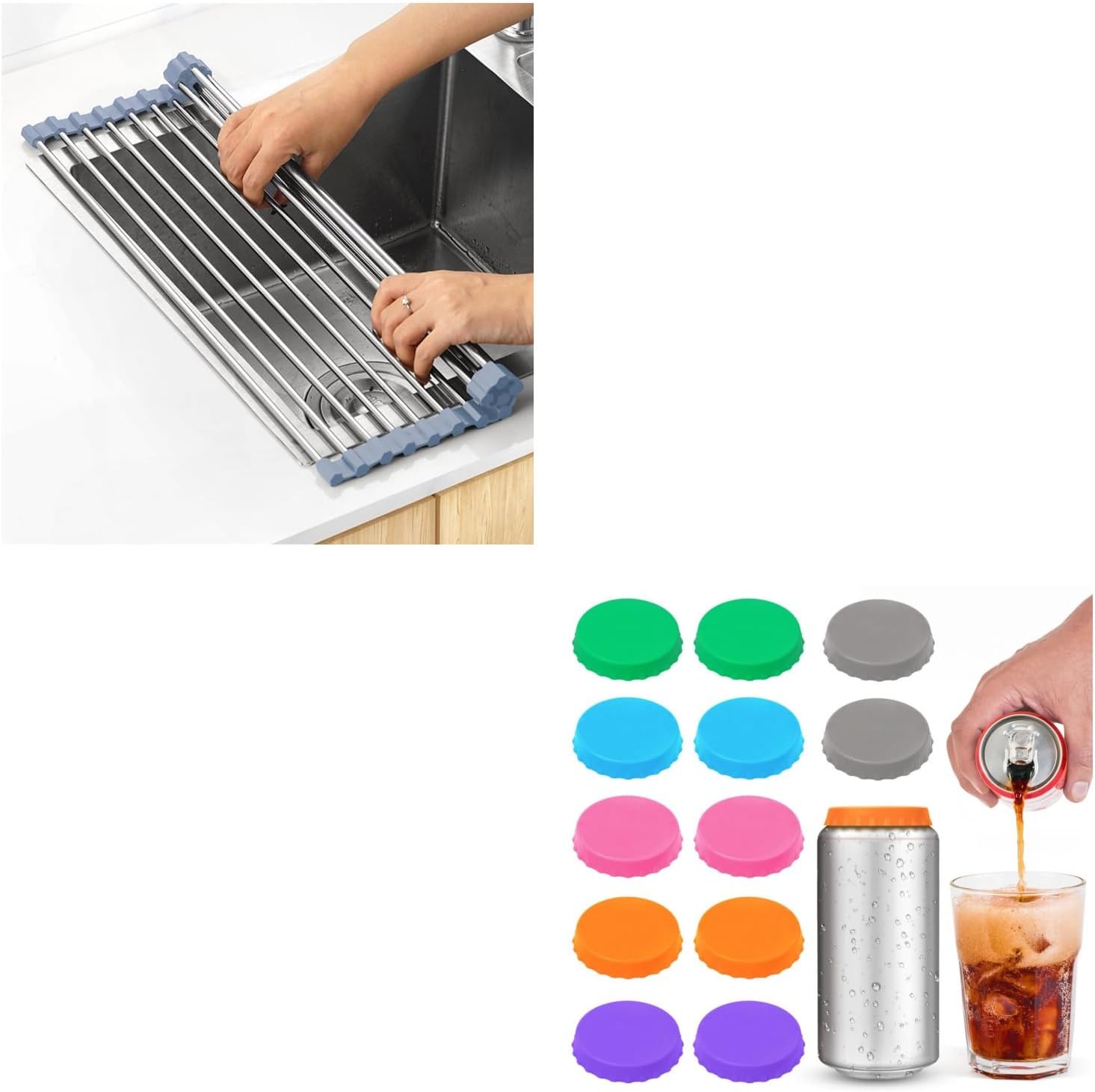 Over The Sink Dish Drying Rack, Roll Up Dish Drying Rack Kitchen Dish Rack + Silicone Soda Can Cover Lids, Reusable Soda Can Lids Beer Can - Image 1